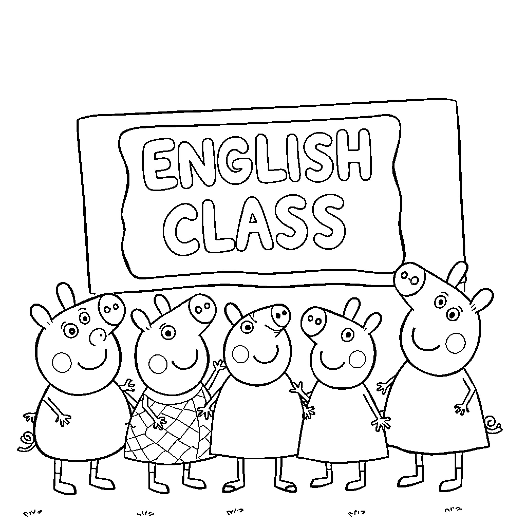 Peppa Pig and friends attend English class Coloring Page (free black-and-white line drawing printable PDF for all, from beginners to advanced learners, including children, teens, adults, and seniors)