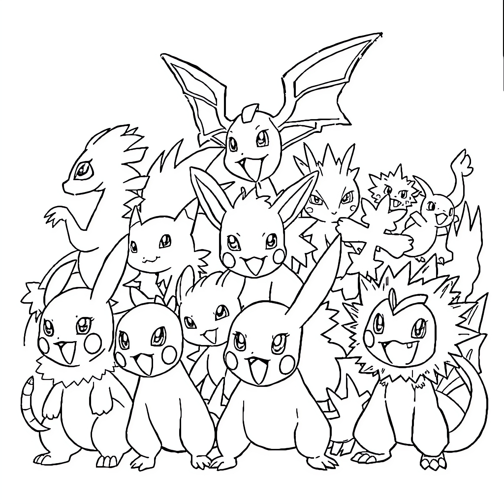 Pokémon characters gathered together Coloring Page (free black-and-white line drawing printable PDF for all, from beginners to advanced learners, including children, teens, adults, and seniors)