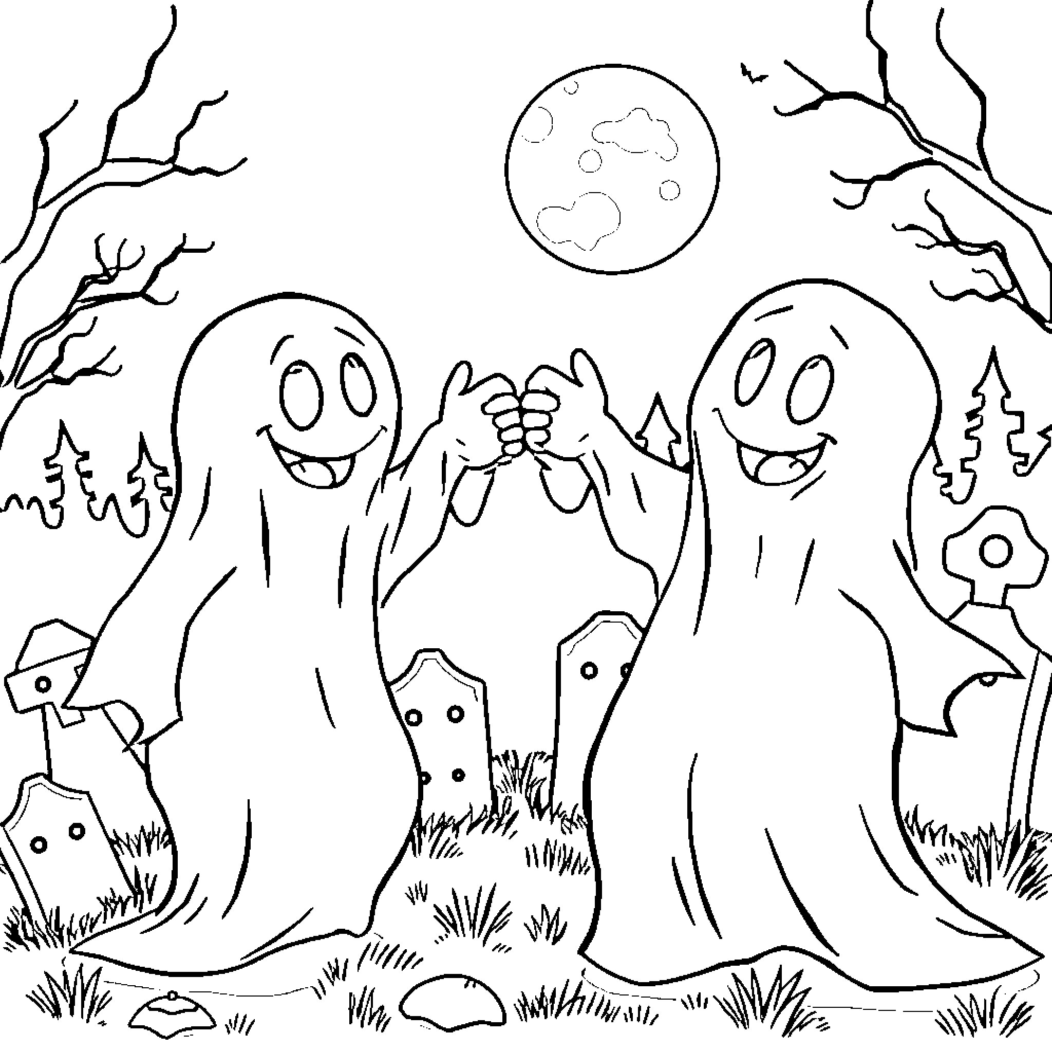Ghost friends having a spooky night in the park Coloring Page (free black-and-white line drawing printable PDF for all, from beginners to advanced learners, including children, teens, adults, and seniors)