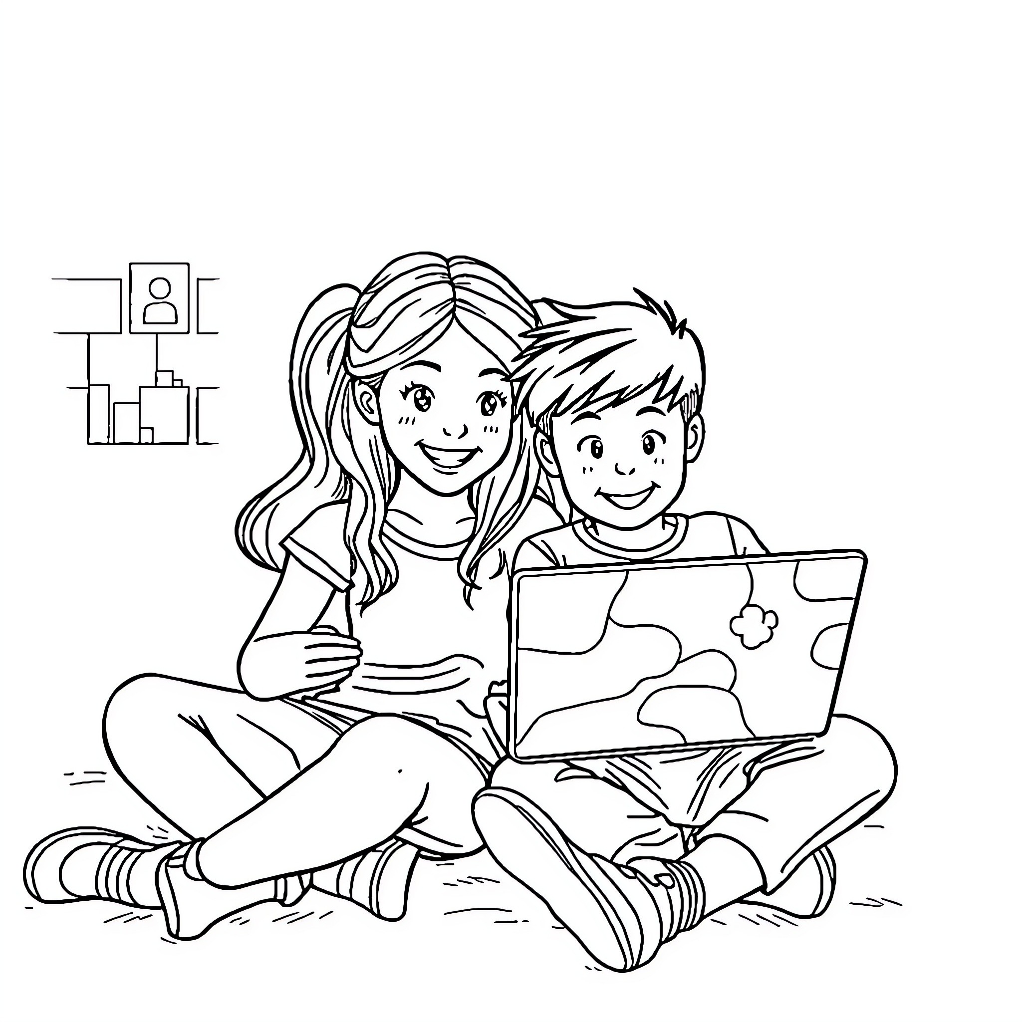 Roblox characters exploring together on laptop Coloring Page (free black-and-white line drawing printable PDF for all, from beginners to advanced learners, including children, teens, adults, and seniors)