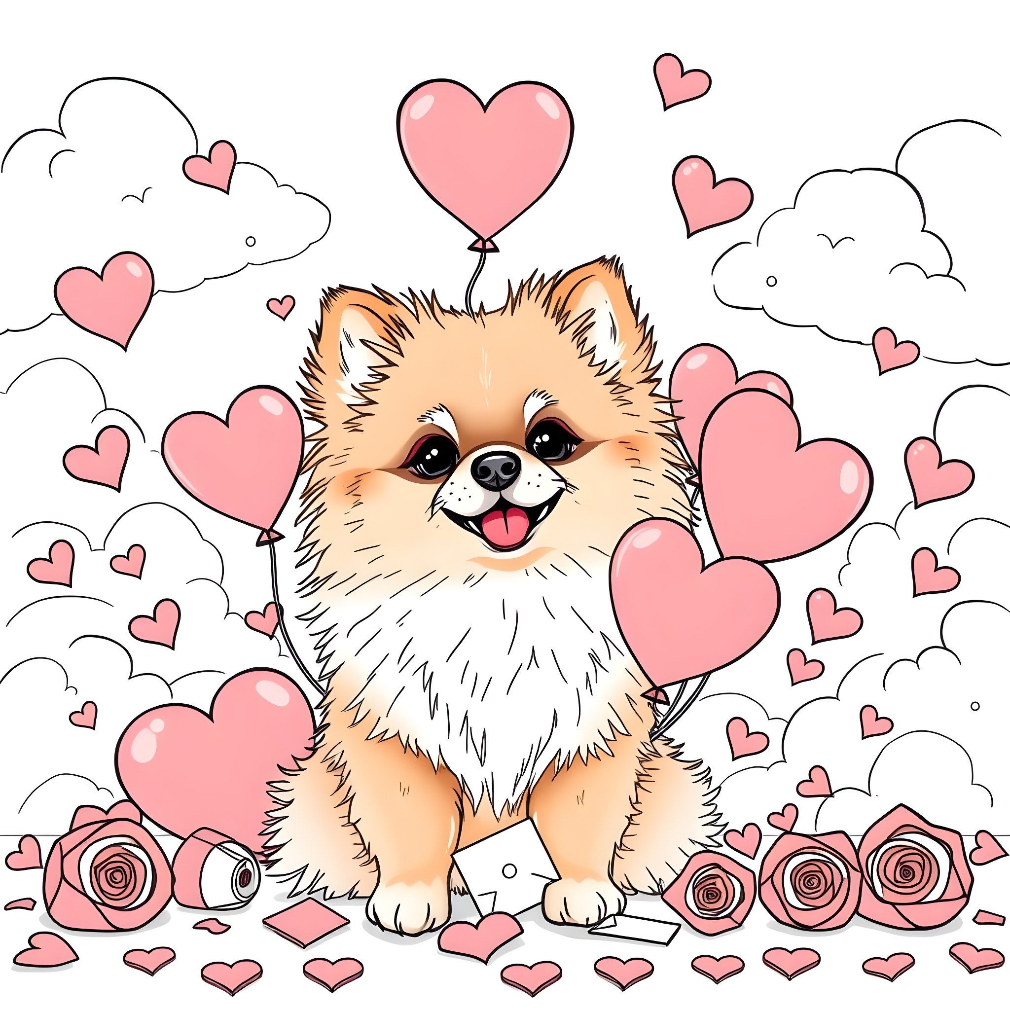 Pomeranian surrounded by pink hearts and roses Coloring Page (free black-and-white line drawing printable PDF for all, from beginners to advanced learners, including children, teens, adults, and seniors)