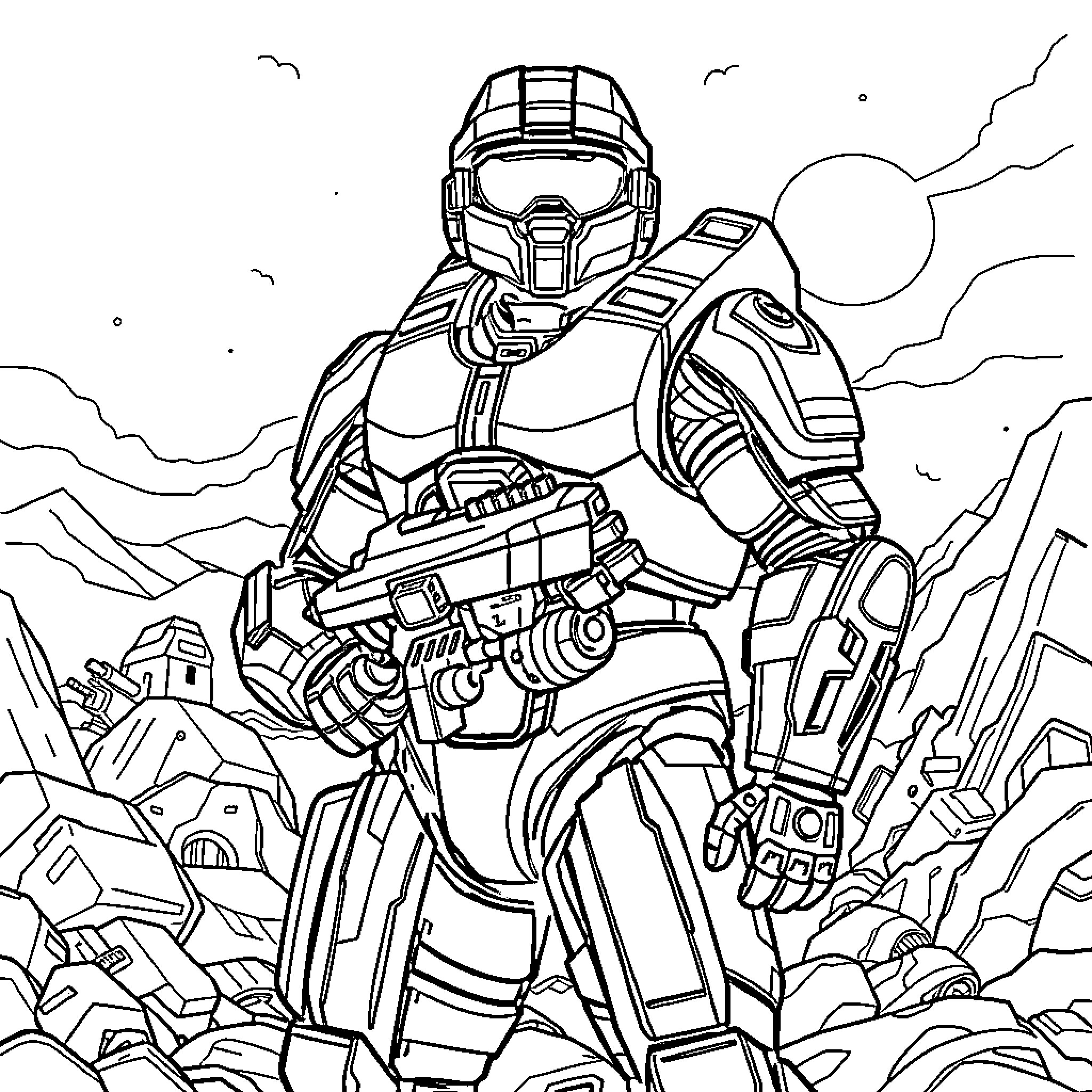 Master Chief Battles in a Futuristic Landscape Coloring Page (free black-and-white line drawing printable PDF for all, from beginners to advanced learners, including children, teens, adults, and seniors)
