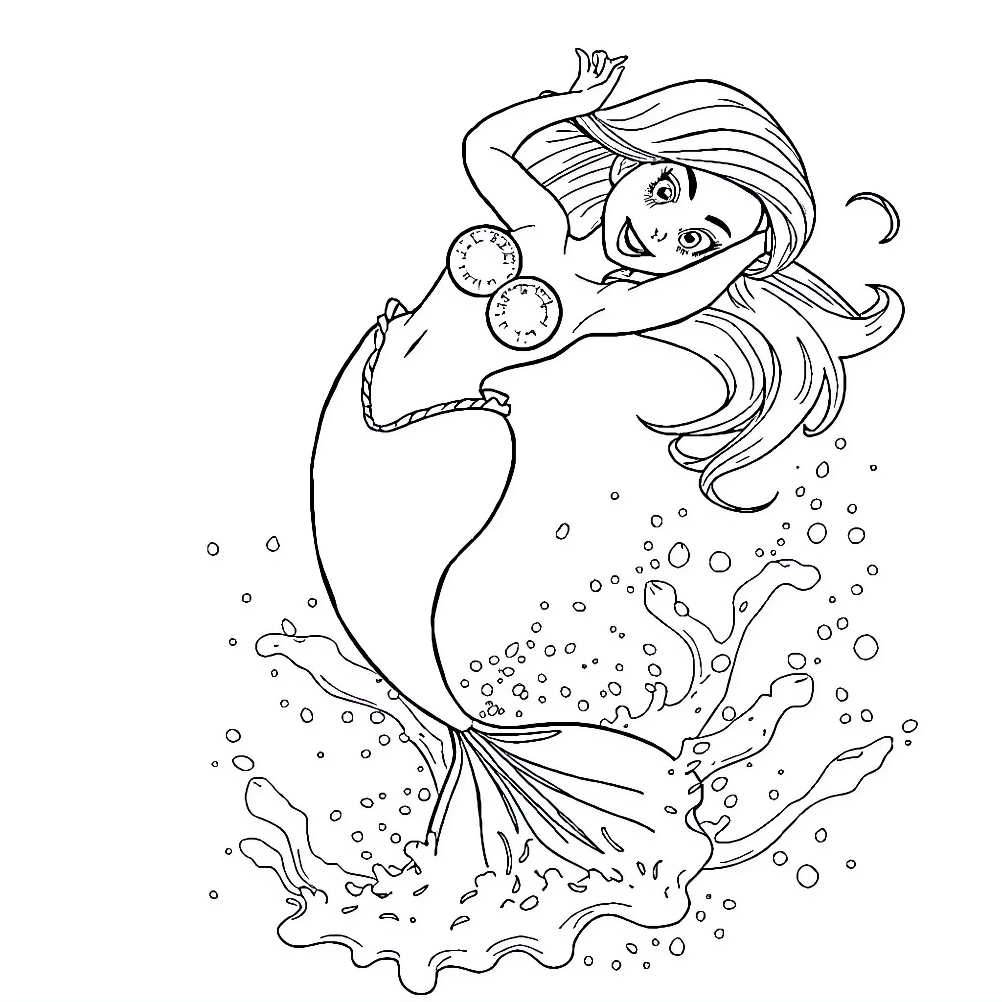 Ariel enjoying the underwater world Coloring Page (free black-and-white line drawing printable PDF for all, from beginners to advanced learners, including children, teens, adults, and seniors)
