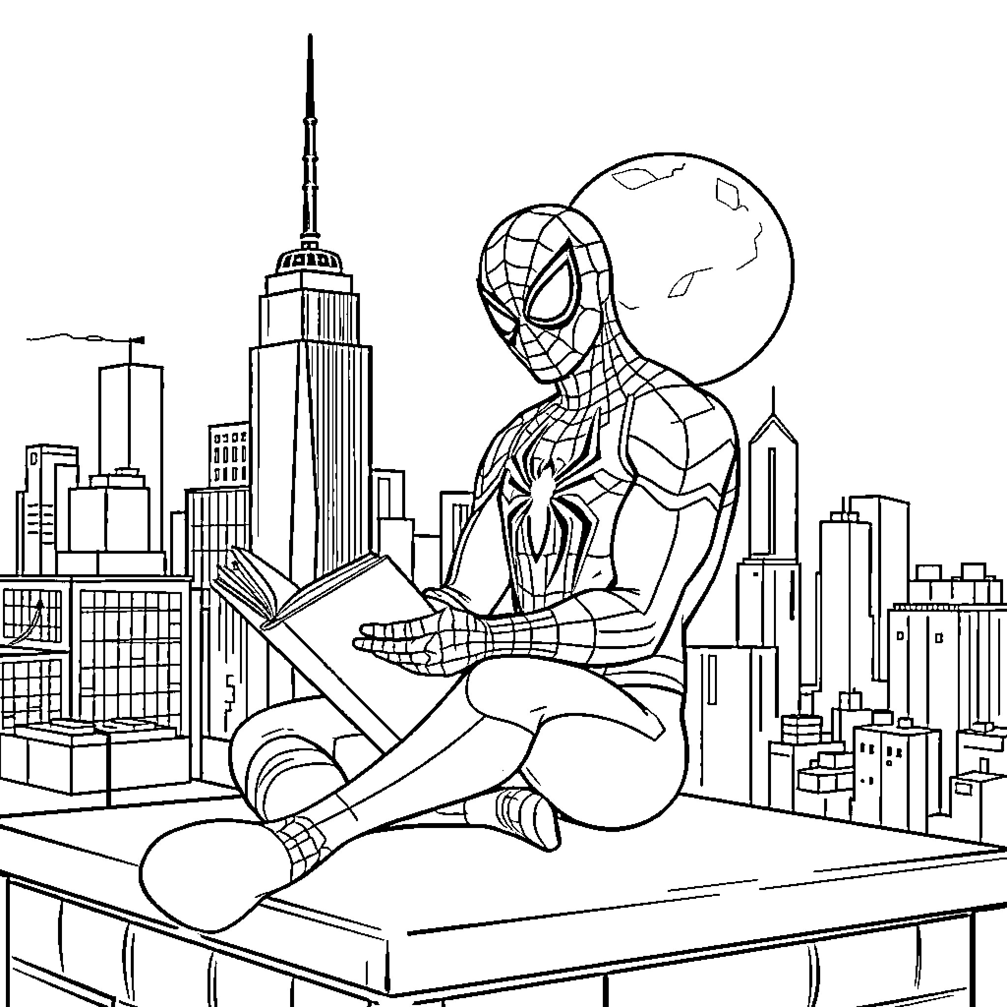 Spider-Man swinging through the city skyline Coloring Page (free black-and-white line drawing printable PDF for all, from beginners to advanced learners, including children, teens, adults, and seniors)