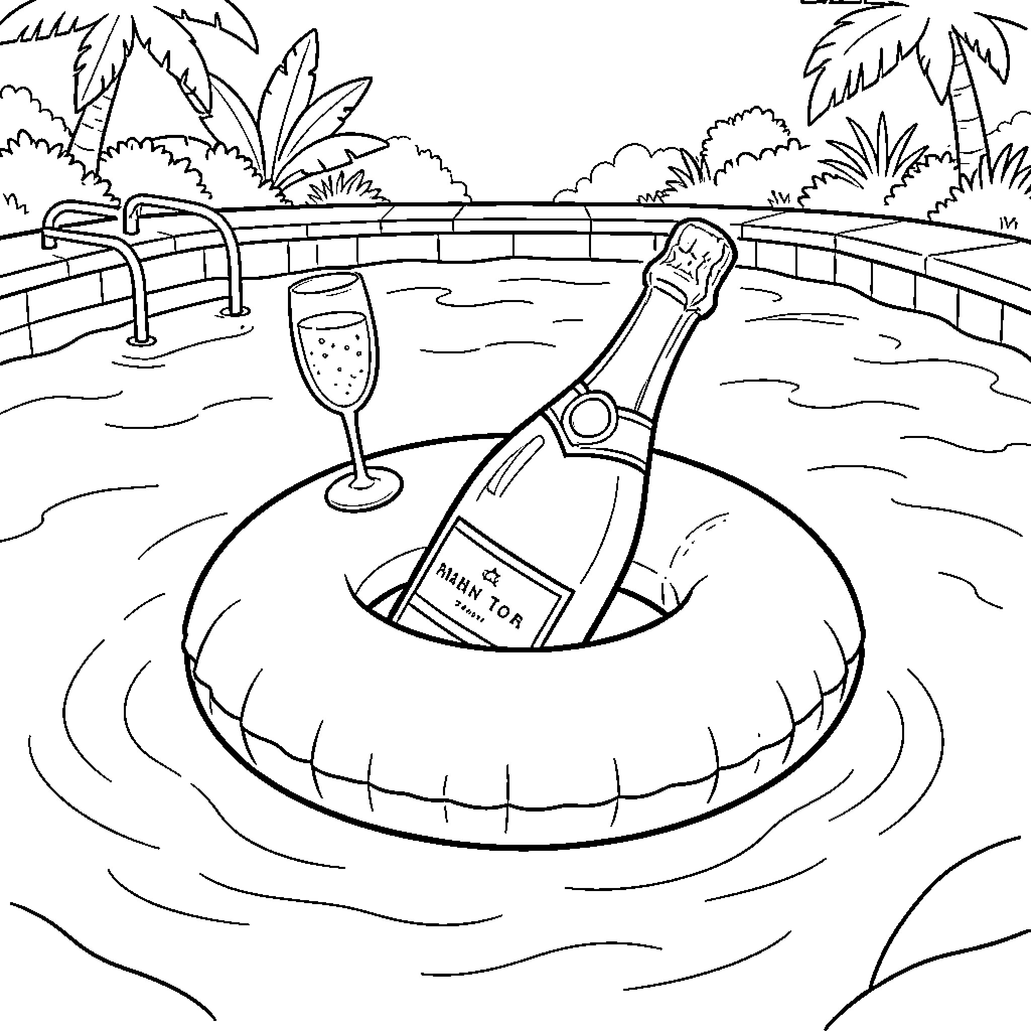 Bouteille de champagne flottant dans une piscine Coloring Page (free black-and-white line drawing printable PDF for all, from beginners to advanced learners, including children, teens, adults, and seniors)