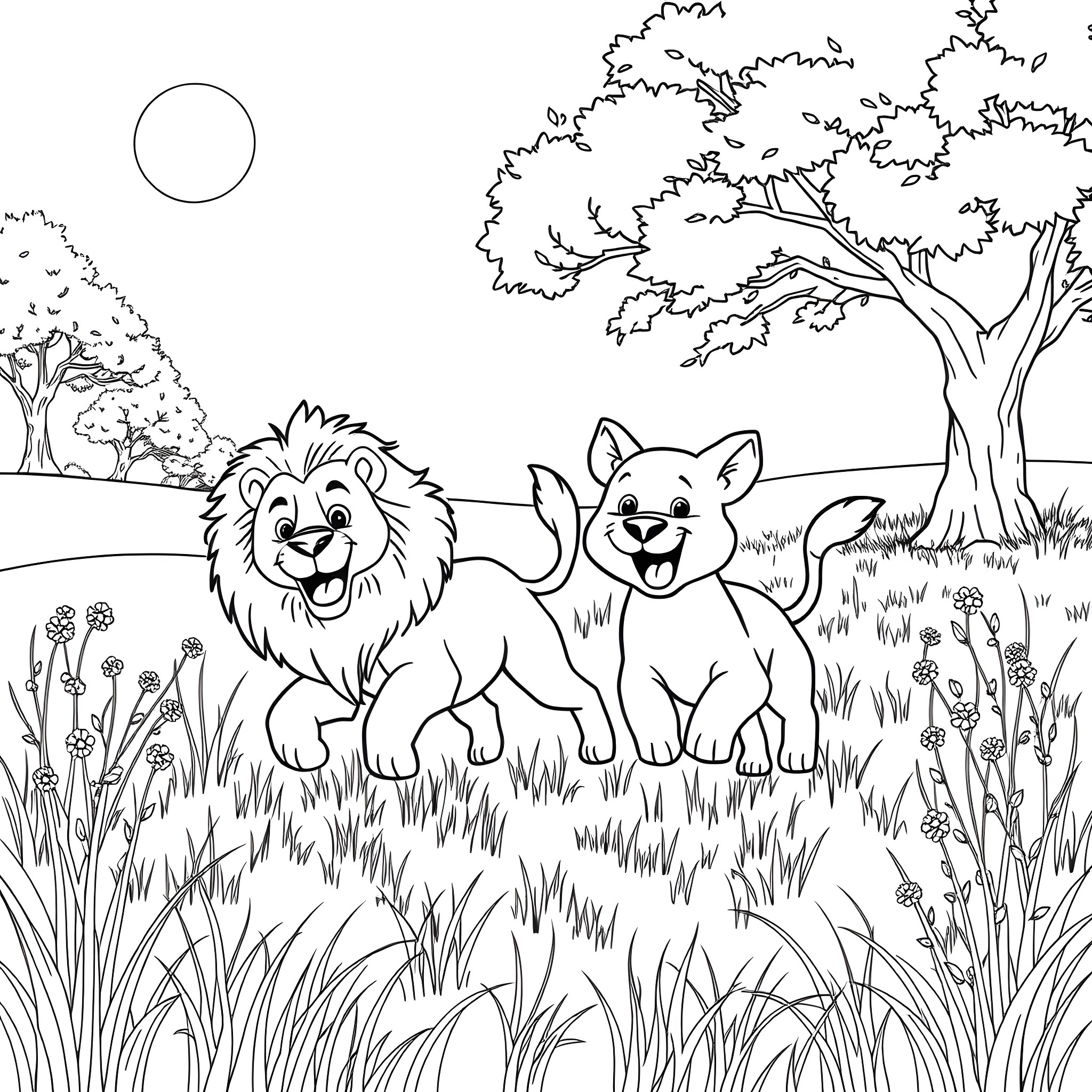 Lion and Fox Playing Happily in the Meadow Coloring Page (free black-and-white line drawing printable PDF for all, from beginners to advanced learners, including children, teens, adults, and seniors)