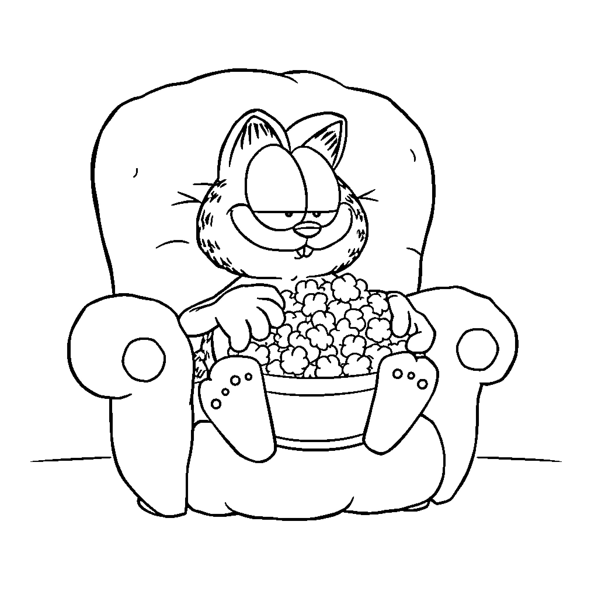 Garfield Relaxing with Snacks on the Couch Coloring Page (free black-and-white line drawing printable PDF for all, from beginners to advanced learners, including children, teens, adults, and seniors)