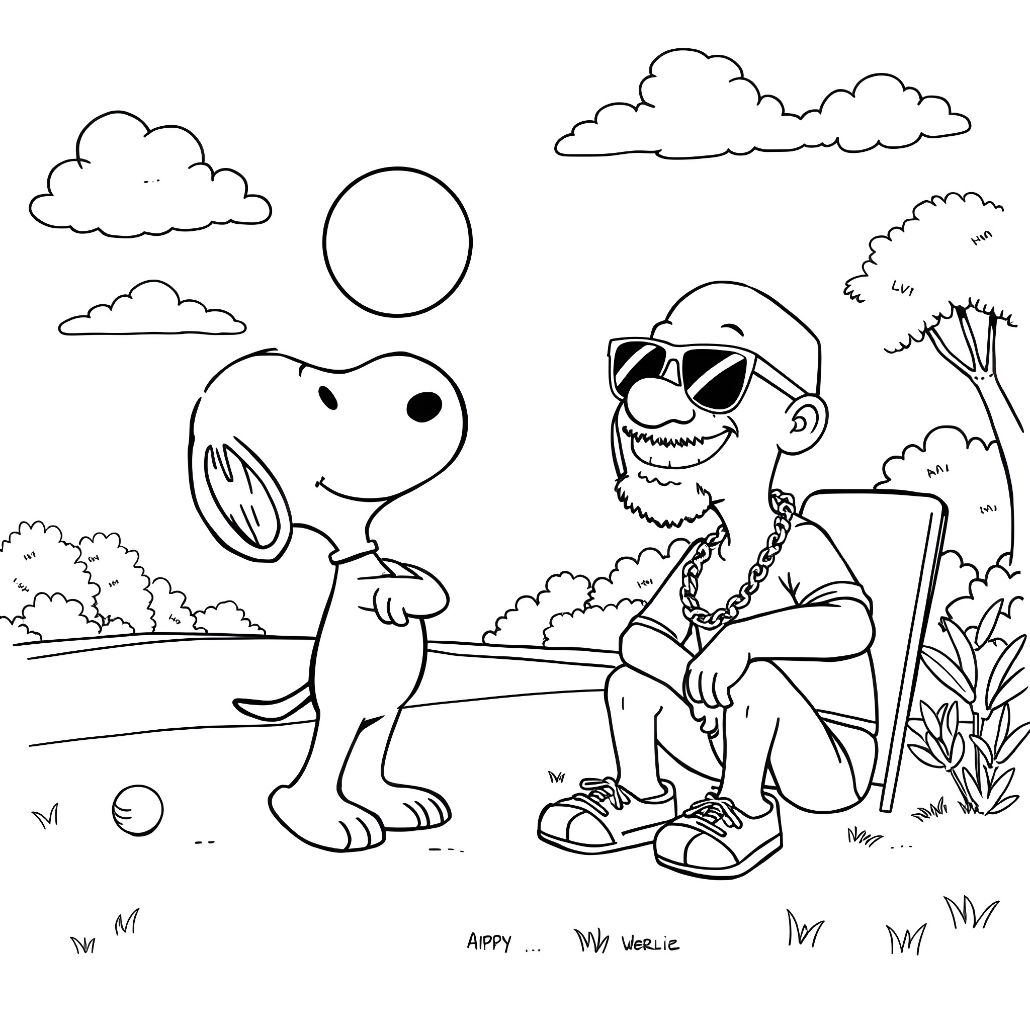 Snoopy and his owner enjoying a sunny day Coloring Page (free black-and-white line drawing printable PDF for all, from beginners to advanced learners, including children, teens, adults, and seniors)
