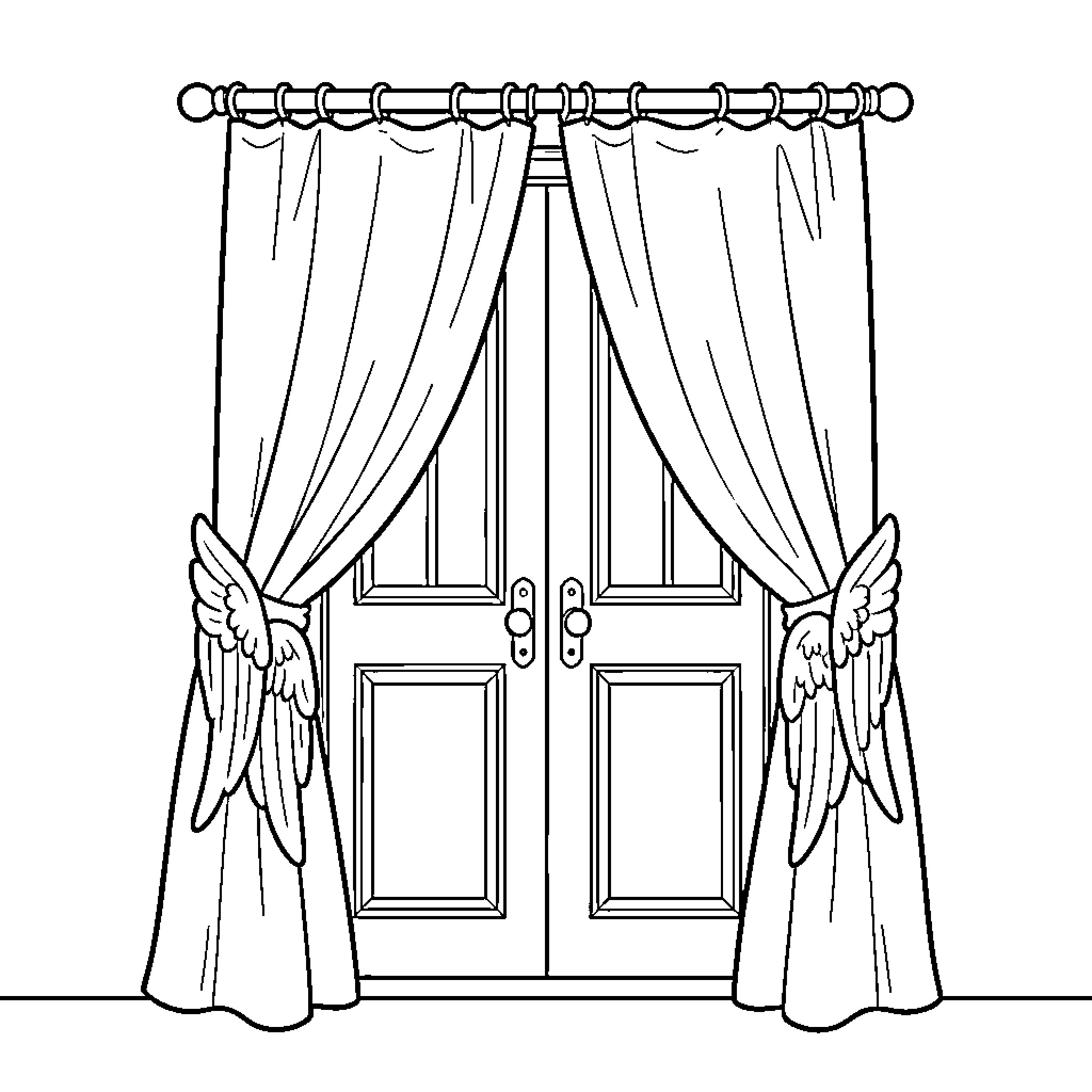 Drape ornate doorway with curtain panels Coloring Page (free black-and-white line drawing printable PDF for all, from beginners to advanced learners, including children, teens, adults, and seniors)