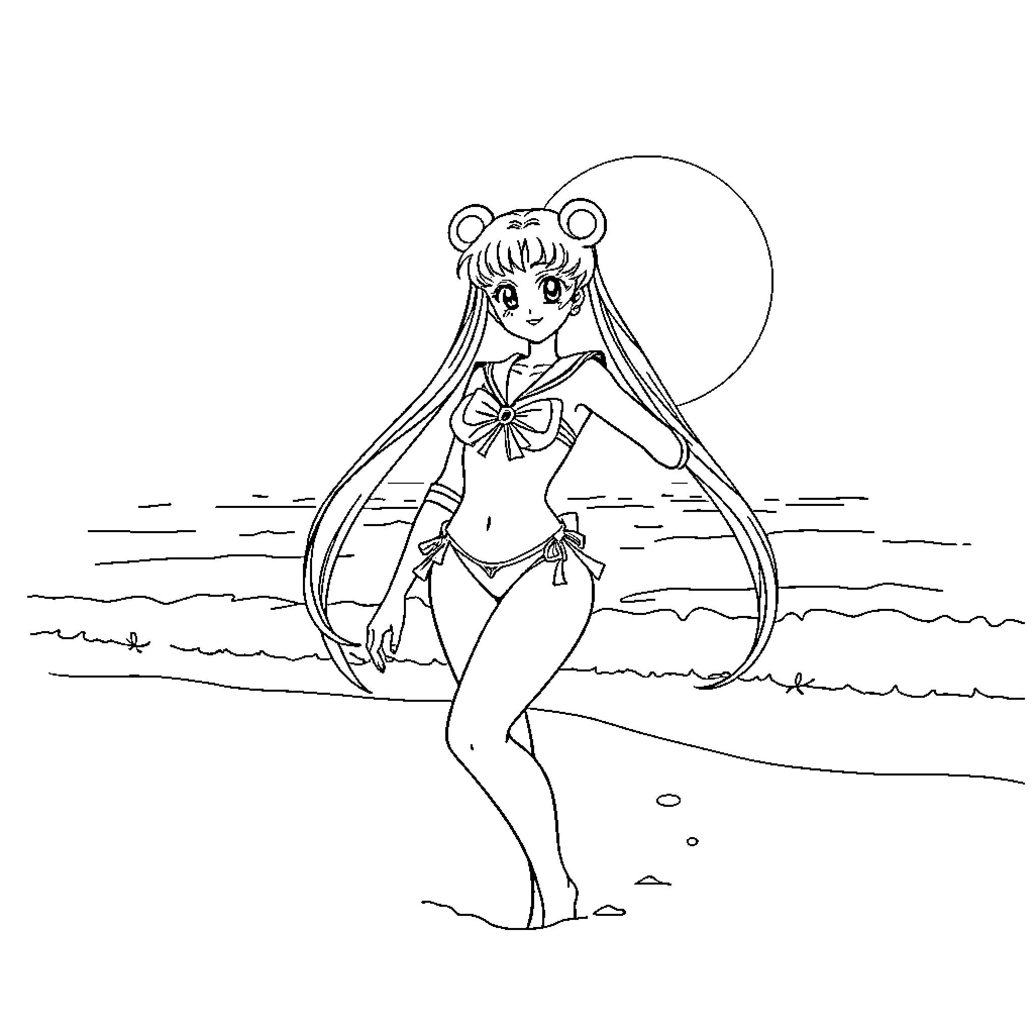 Sailor Moon in a Swimsuit at the Beach Coloring Page (free black-and-white line drawing printable PDF for all, from beginners to advanced learners, including children, teens, adults, and seniors)