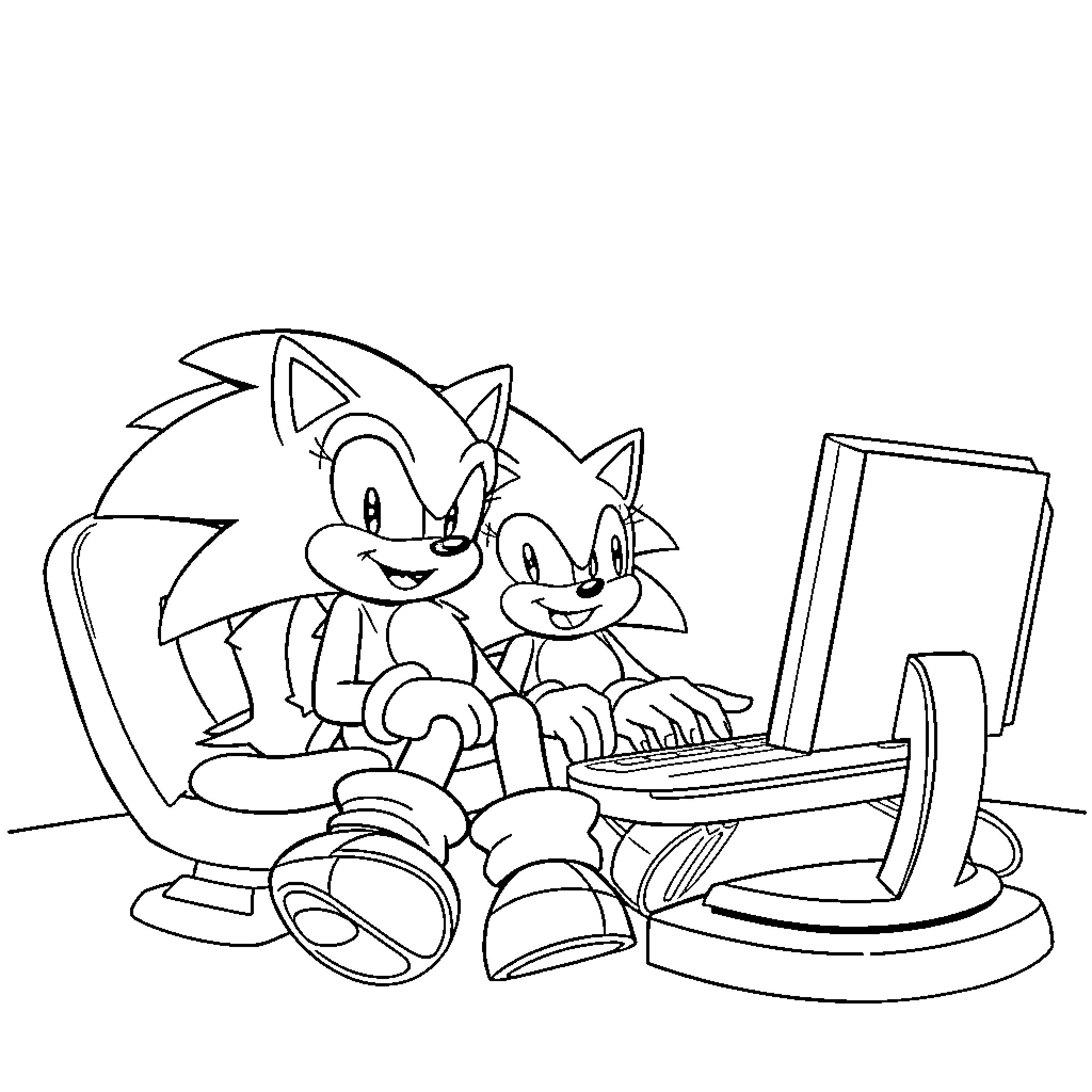 Sonic and Friend Enjoying Computer Games Coloring Page (free black-and-white line drawing printable PDF for all, from beginners to advanced learners, including children, teens, adults, and seniors)