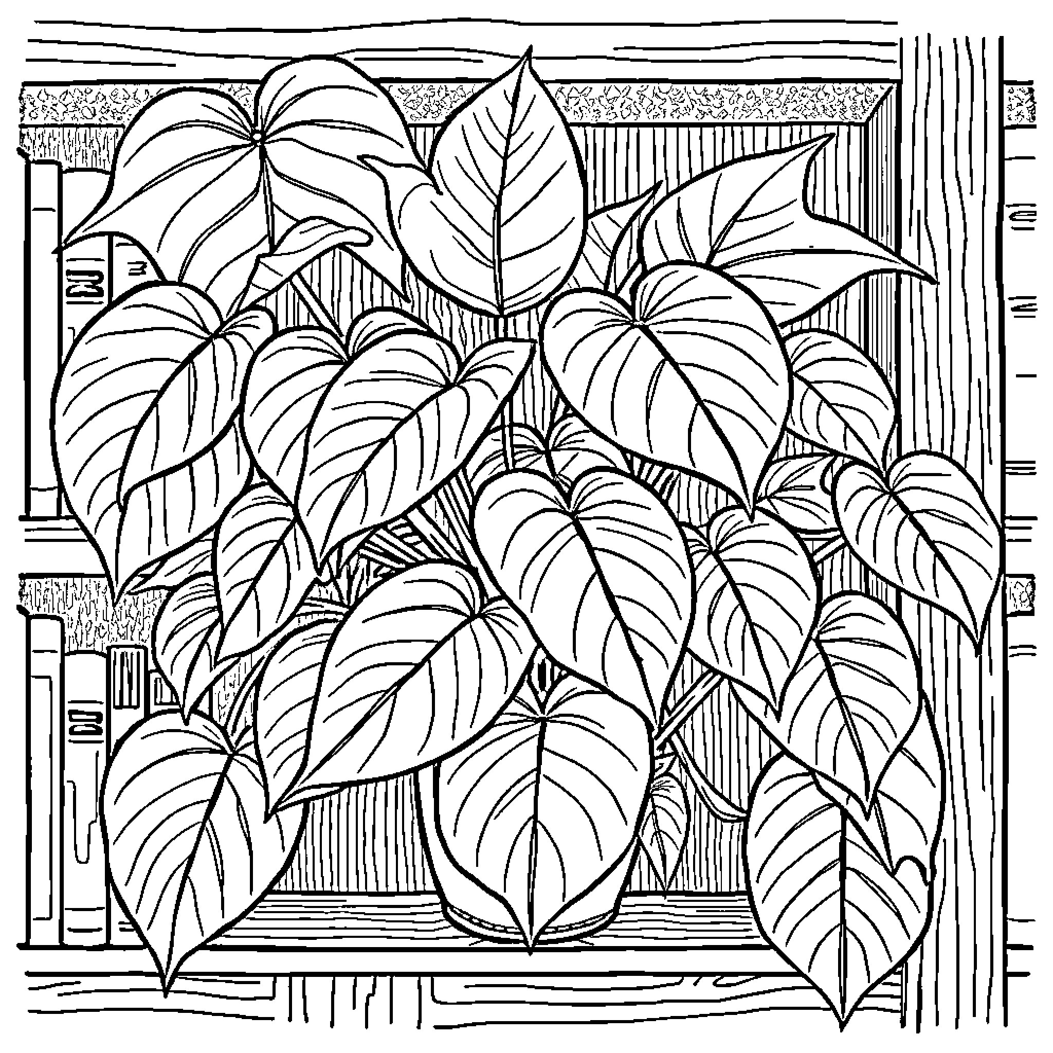 Philodendron foliage in abstract pattern Coloring Page (free black-and-white line drawing printable PDF for all, from beginners to advanced learners, including children, teens, adults, and seniors)
