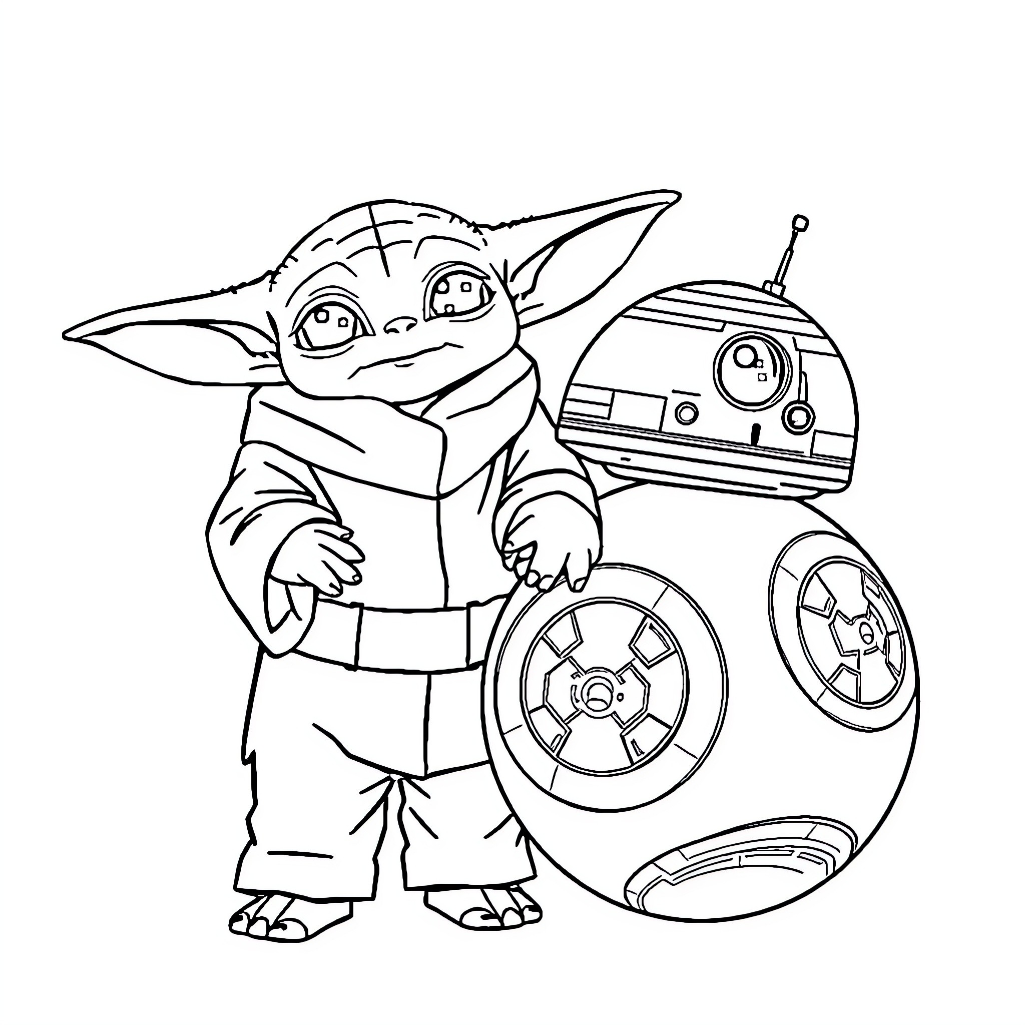Yoda and droids enjoying a playful moment Coloring Page (free black-and-white line drawing printable PDF for all, from beginners to advanced learners, including children, teens, adults, and seniors)
