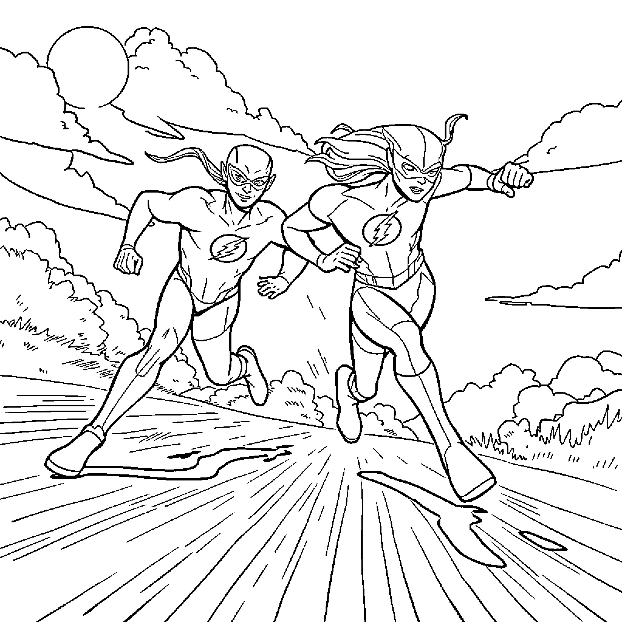 Flash Heroes Racing Through Stormy Landscape Coloring Page (free black-and-white line drawing printable PDF for all, from beginners to advanced learners, including children, teens, adults, and seniors)