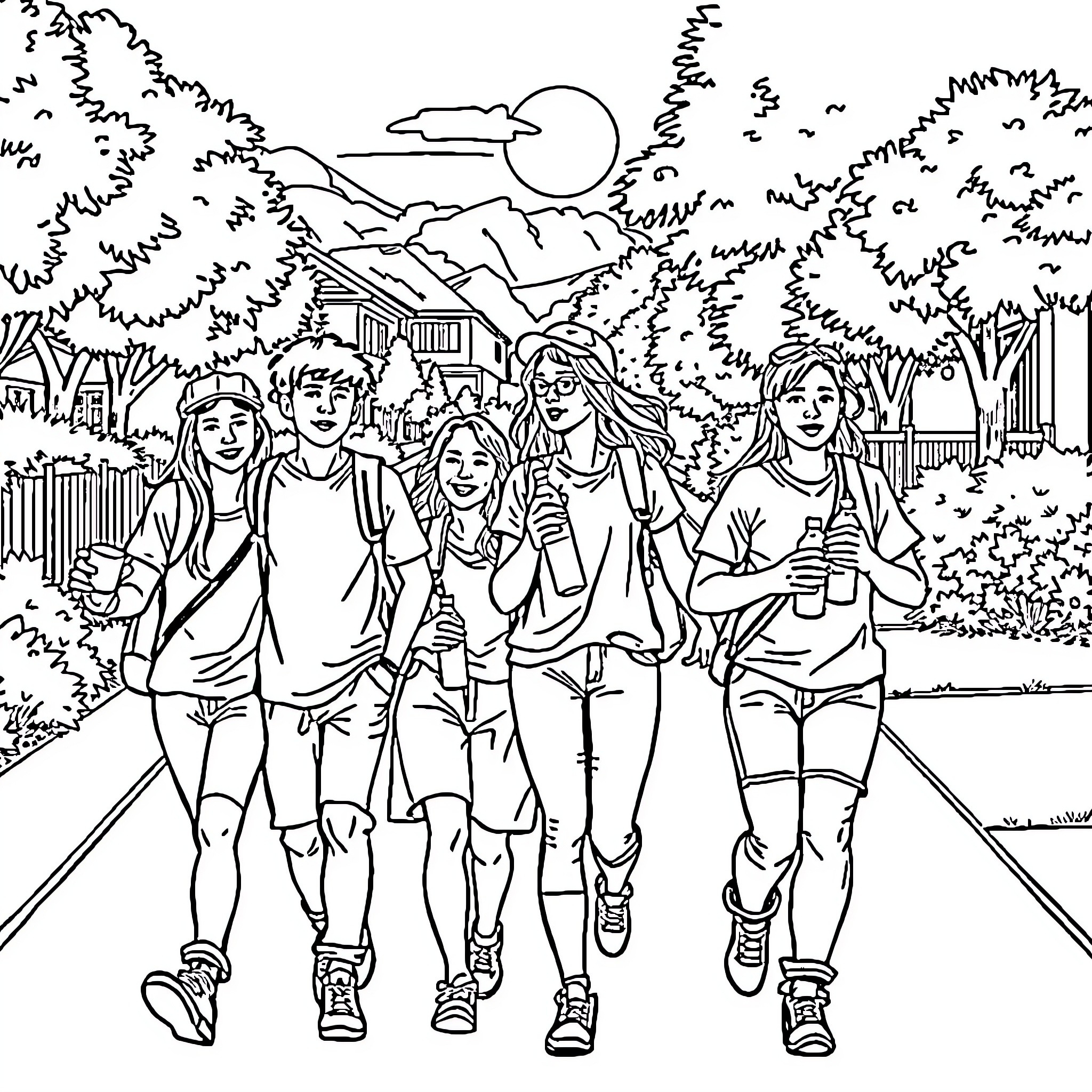 Students walking outdoors in nature Coloring Page (free black-and-white line drawing printable PDF for all, from beginners to advanced learners, including children, teens, adults, and seniors)