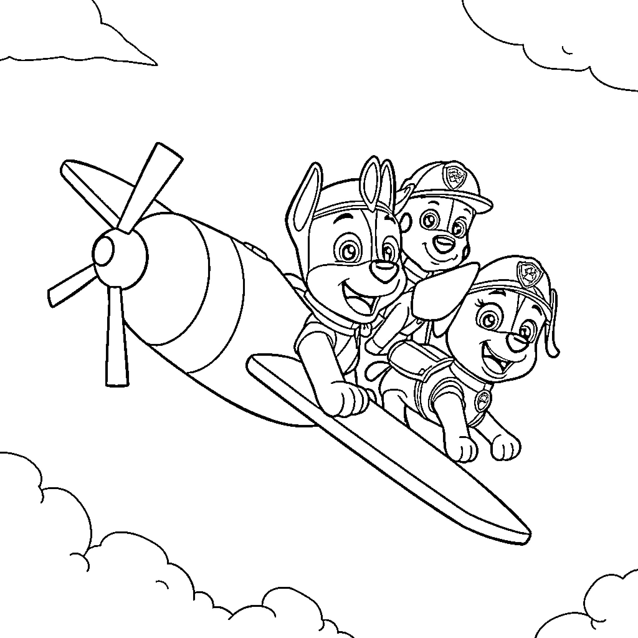 Paw Patrol flying in a plane Coloring Page (free black-and-white line drawing printable PDF for all, from beginners to advanced learners, including children, teens, adults, and seniors)
