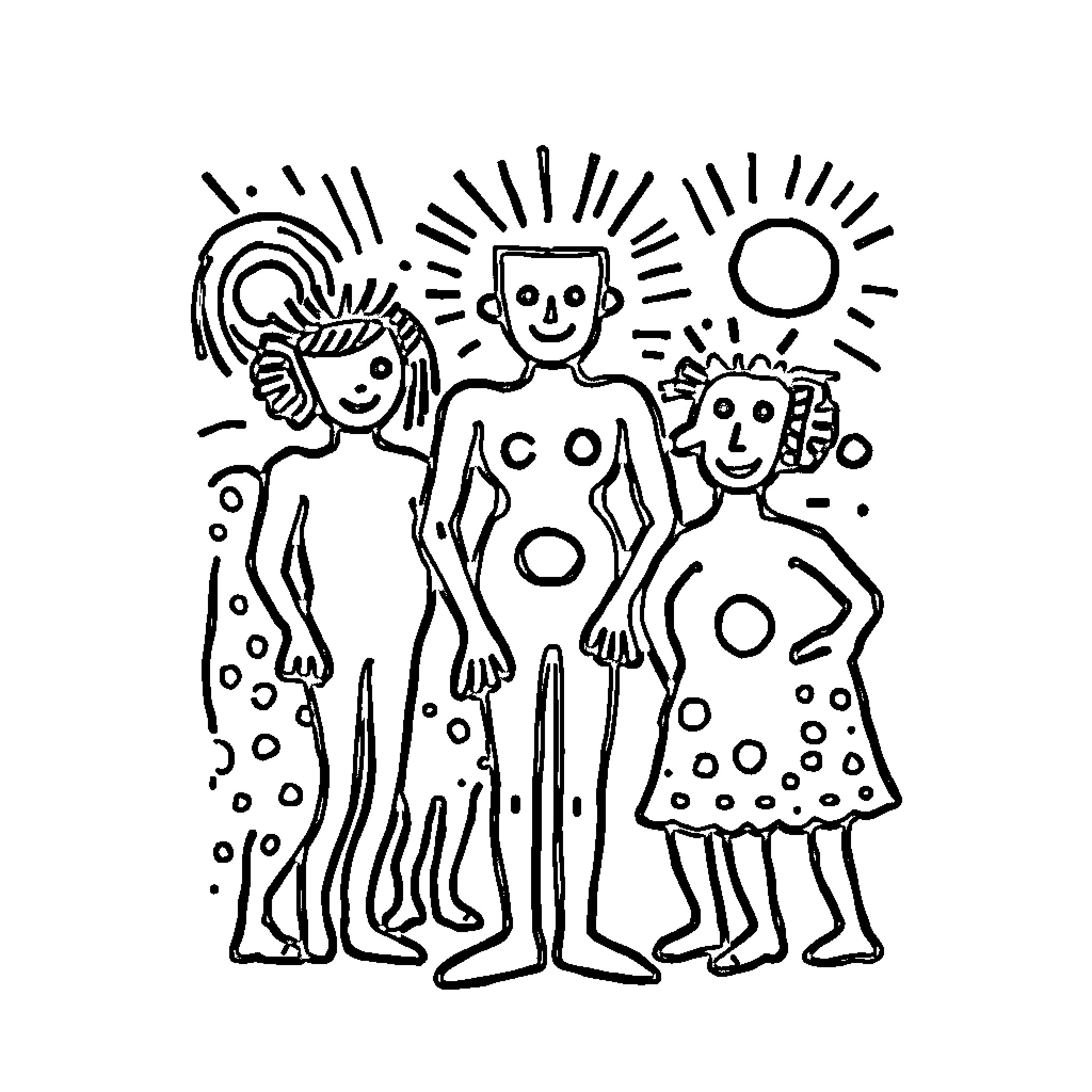 Keith Haring's playful human figures in vibrant scene Coloring Page (free black-and-white line drawing printable PDF for all, from beginners to advanced learners, including children, teens, adults, and seniors)