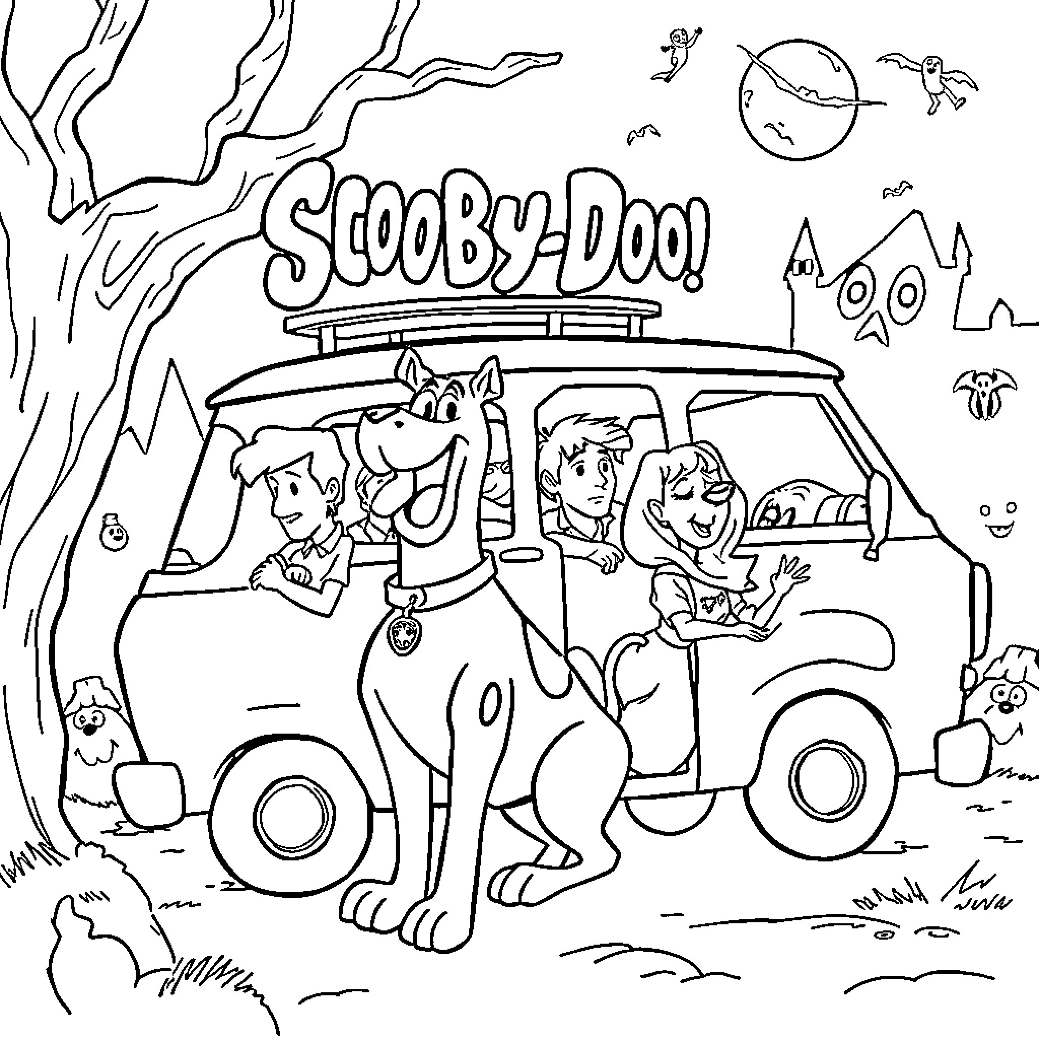 Scooby Doo and friends on an adventure in the Mystery Machine Coloring Page (free black-and-white line drawing printable PDF for all, from beginners to advanced learners, including children, teens, adults, and seniors)