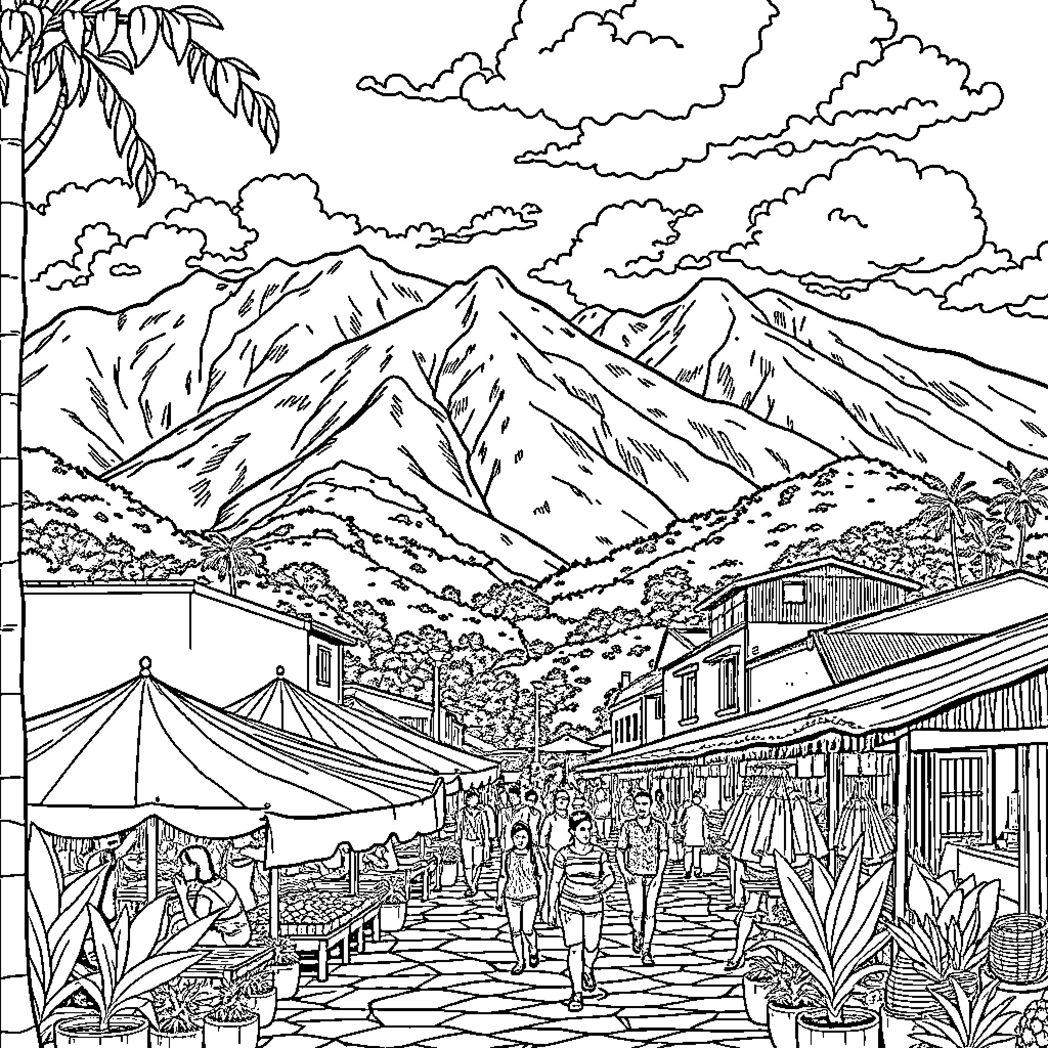 Ecuador Marketplace with Mountainous Landscape Coloring Page (free black-and-white line drawing printable PDF for all, from beginners to advanced learners, including children, teens, adults, and seniors)