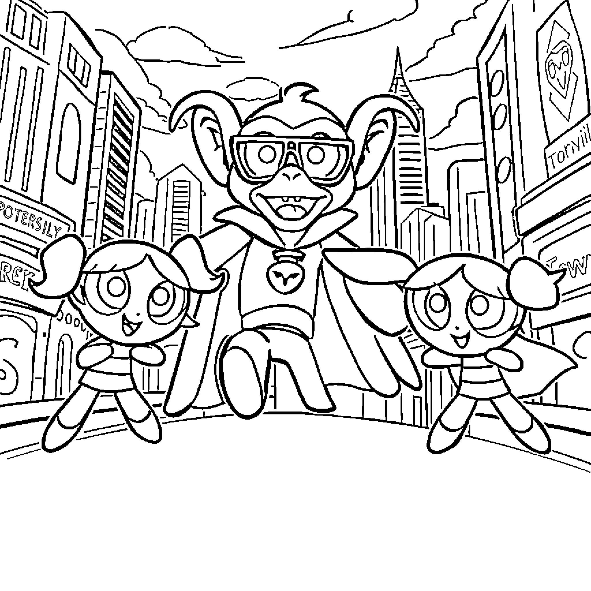 Powerpuff Girls exploring the city skyline Coloring Page (free black-and-white line drawing printable PDF for all, from beginners to advanced learners, including children, teens, adults, and seniors)