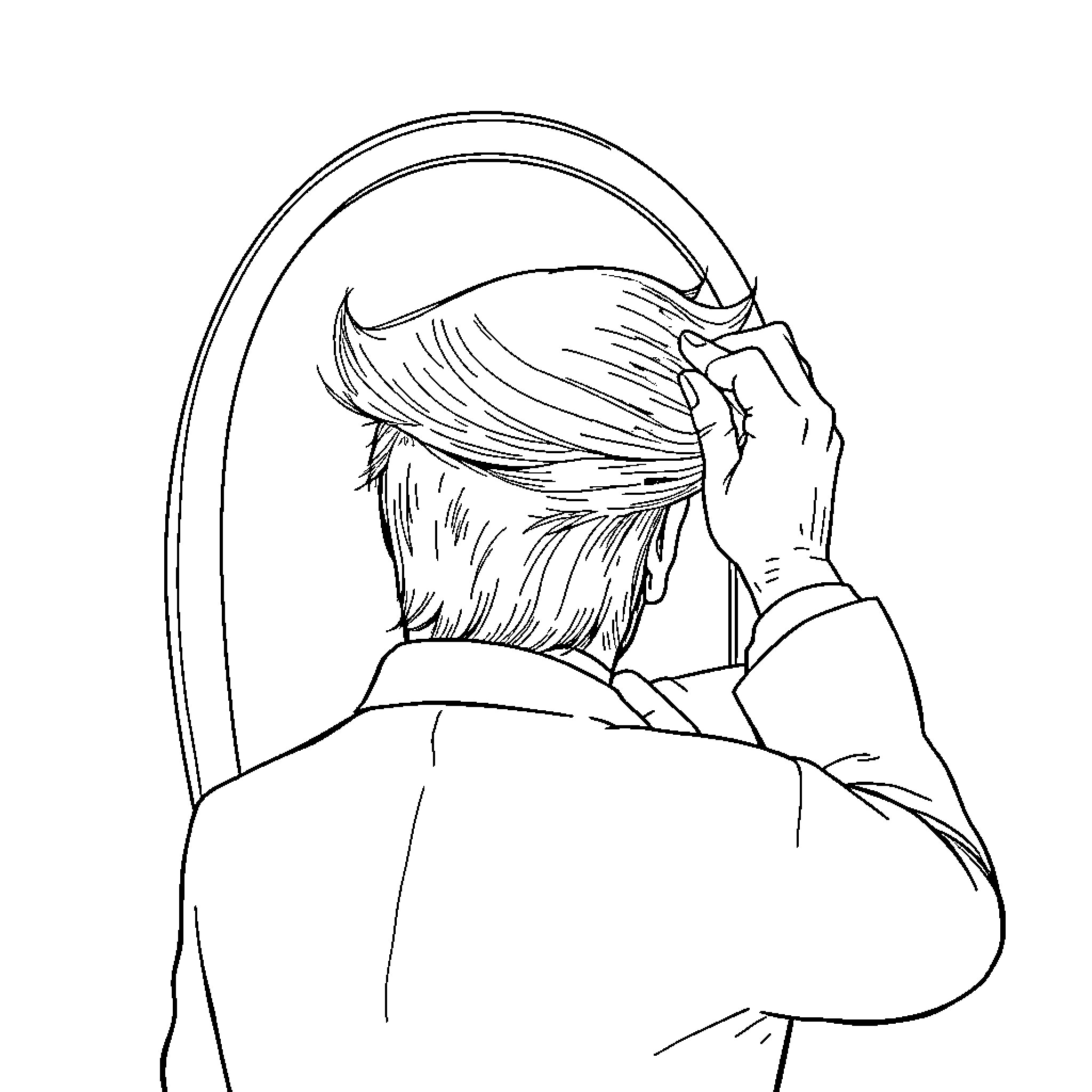 Donald Trump fixing his hair in front of a mirror Coloring Page (free black-and-white line drawing printable PDF for all, from beginners to advanced learners, including children, teens, adults, and seniors)