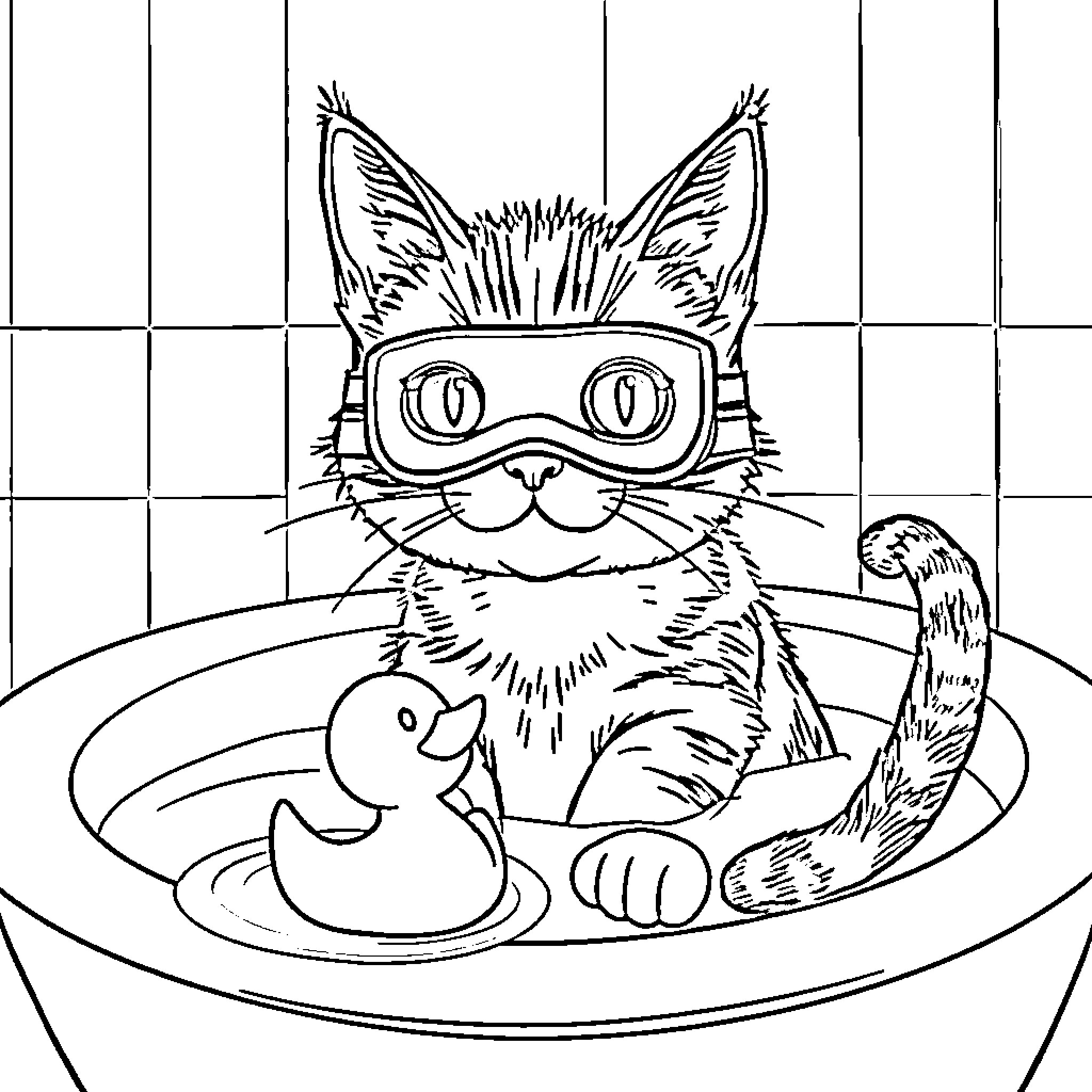 Tabby Cat Relaxing in a Bathtub with Rubber Duck Coloring Page (free black-and-white line drawing printable PDF for all, from beginners to advanced learners, including children, teens, adults, and seniors)