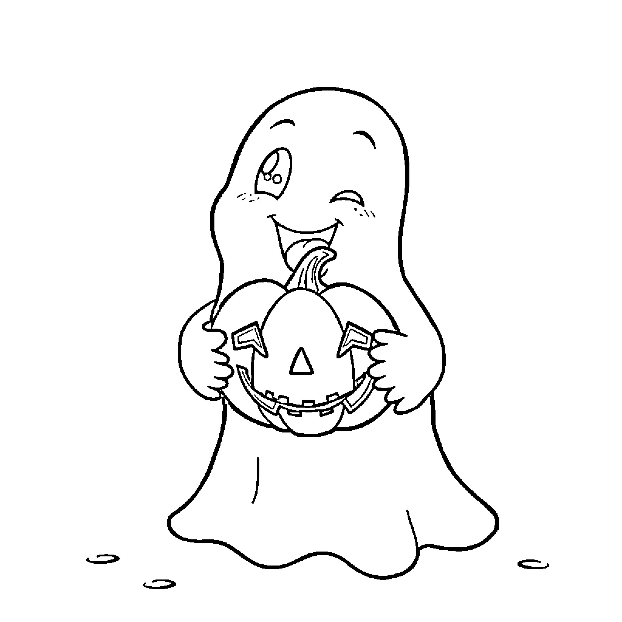 Ghost holding a Jack-o'-lantern happily Coloring Page (free black-and-white line drawing printable PDF for all, from beginners to advanced learners, including children, teens, adults, and seniors)