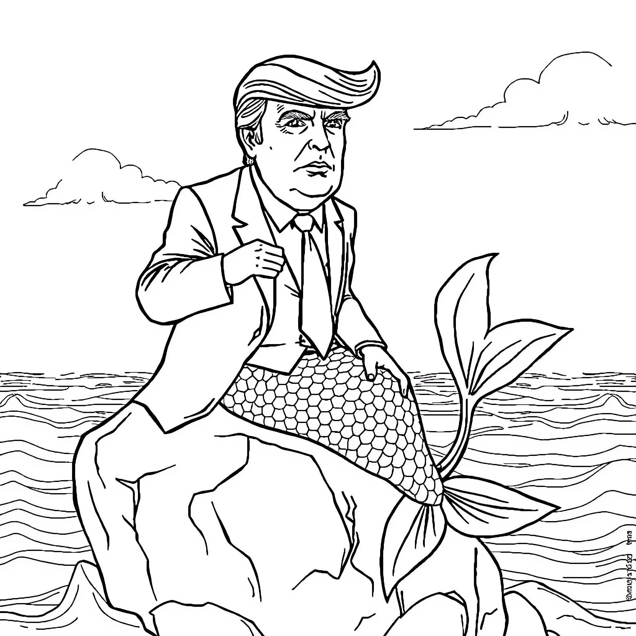 Donald Trump as a mermaid-like figure in the ocean Coloring Page (free black-and-white line drawing printable PDF for all, from beginners to advanced learners, including children, teens, adults, and seniors)