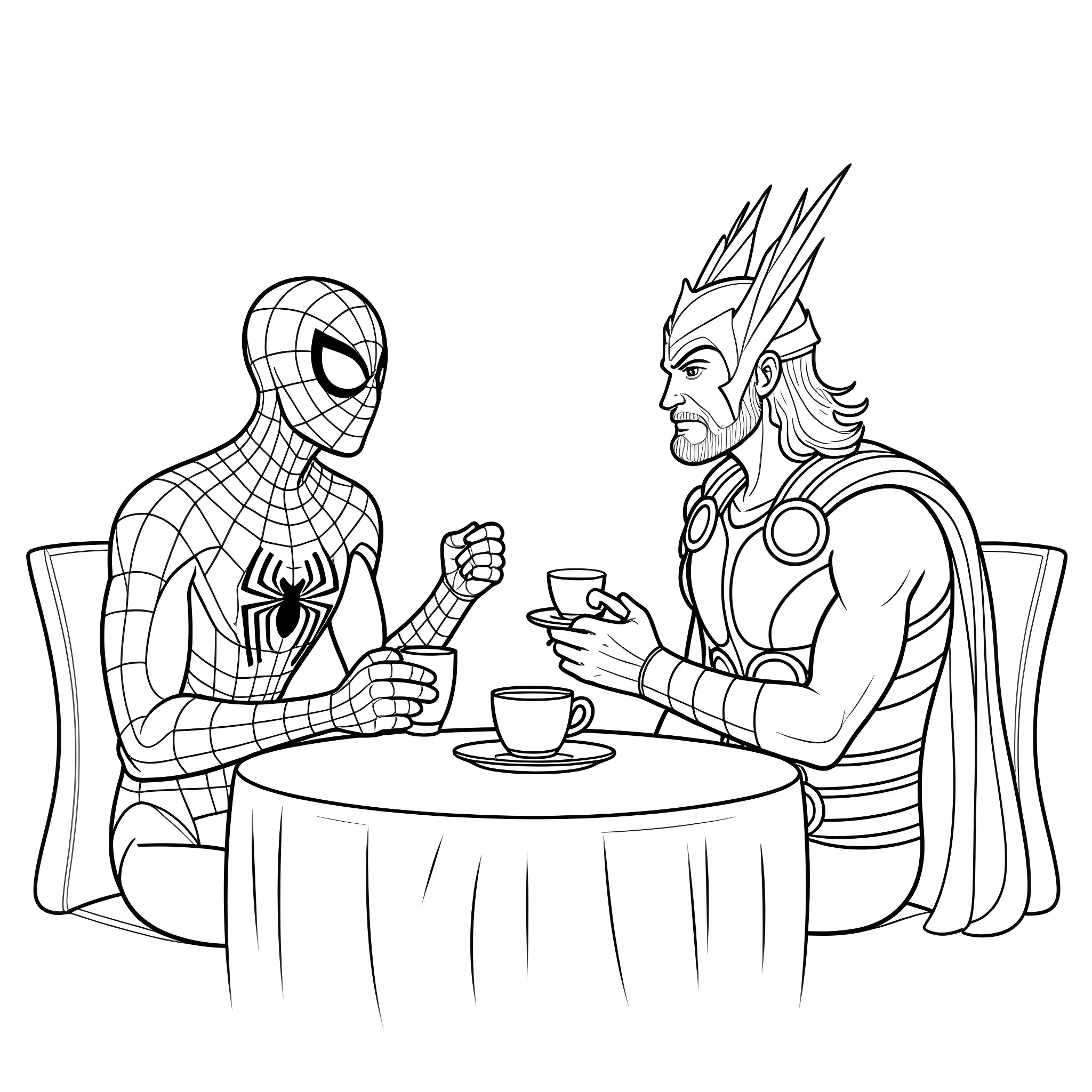 Spiderman and Thor Enjoying a Casual Conversation Coloring Page (free black-and-white line drawing printable PDF for all, from beginners to advanced learners, including children, teens, adults, and seniors)