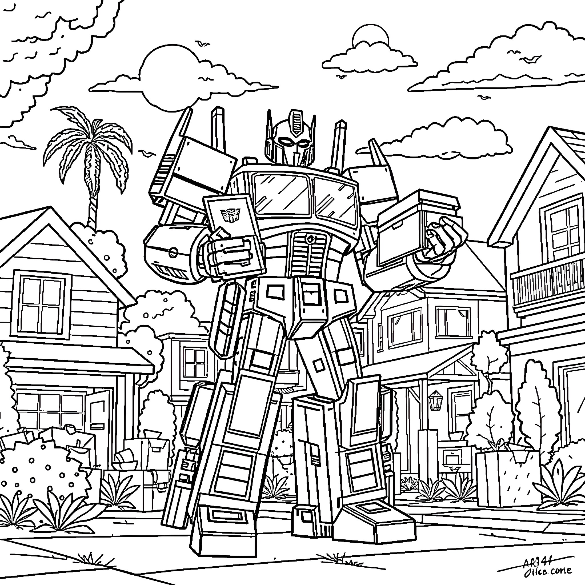 Optimus Prime standing tall in a suburban neighborhood Coloring Page (free black-and-white line drawing printable PDF for all, from beginners to advanced learners, including children, teens, adults, and seniors)