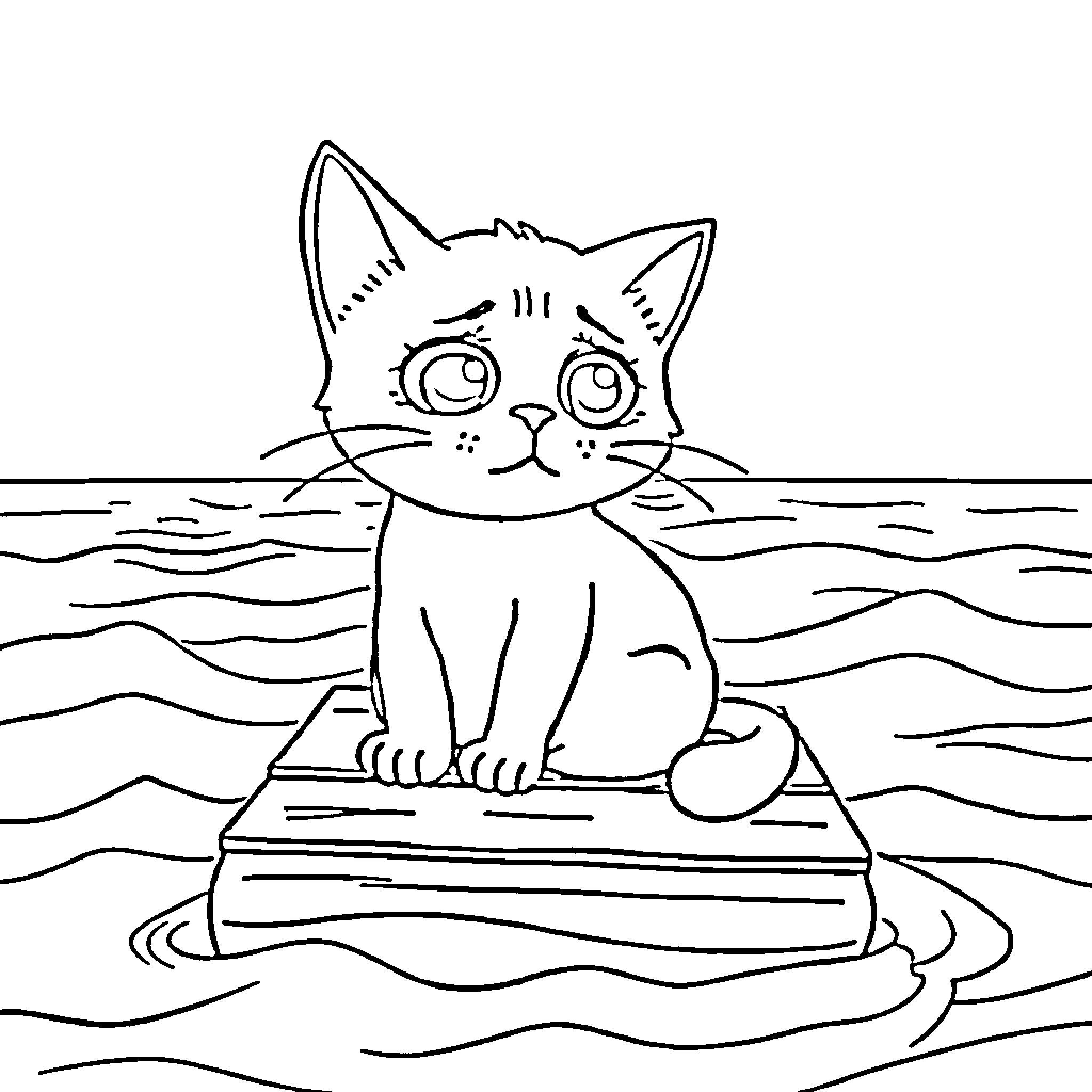 Cat sitting on a floating platform in the ocean Coloring Page (free black-and-white line drawing printable PDF for all, from beginners to advanced learners, including children, teens, adults, and seniors)
