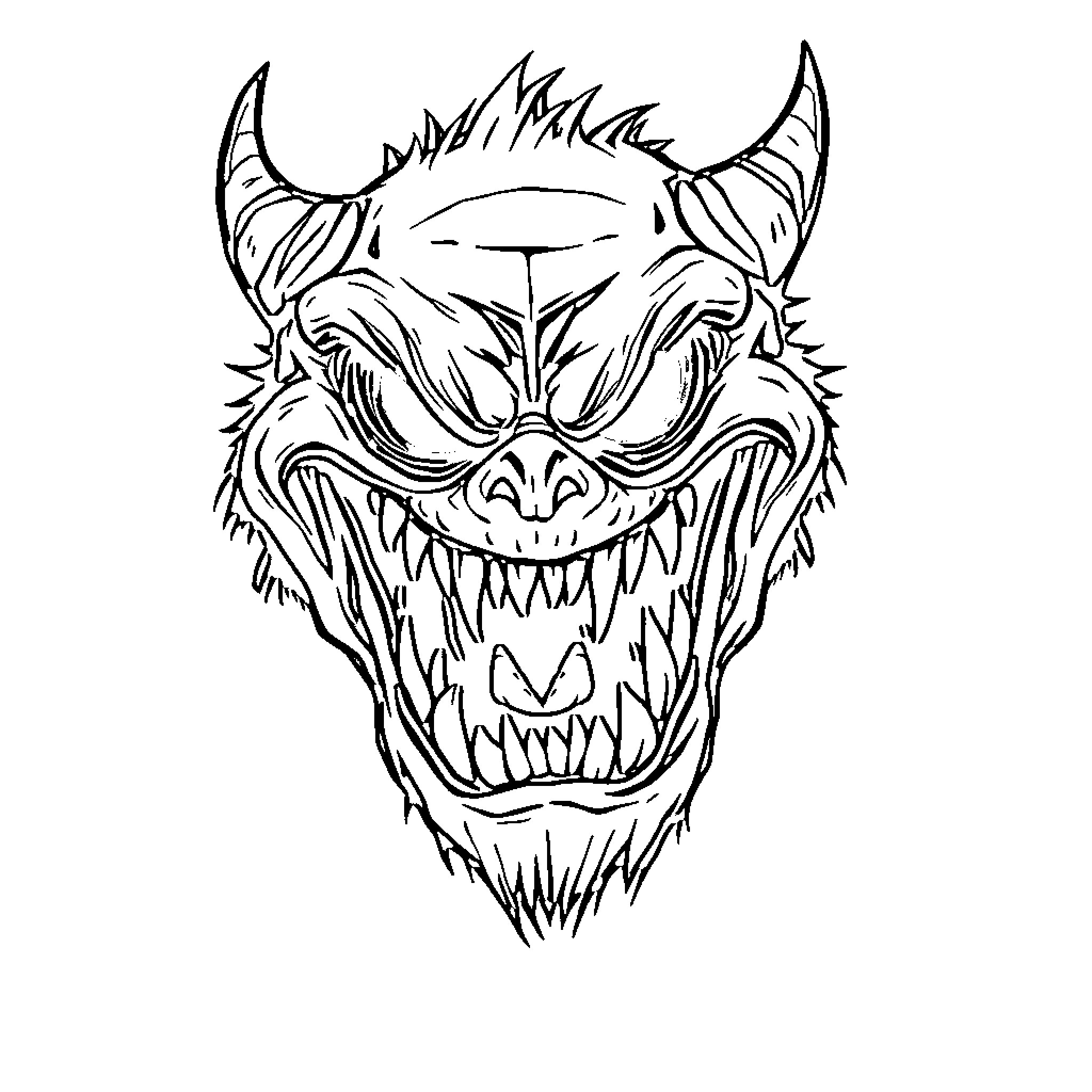 Monster with Terrifying Fangs and Expression Coloring Page (free black-and-white line drawing printable PDF for all, from beginners to advanced learners, including children, teens, adults, and seniors)