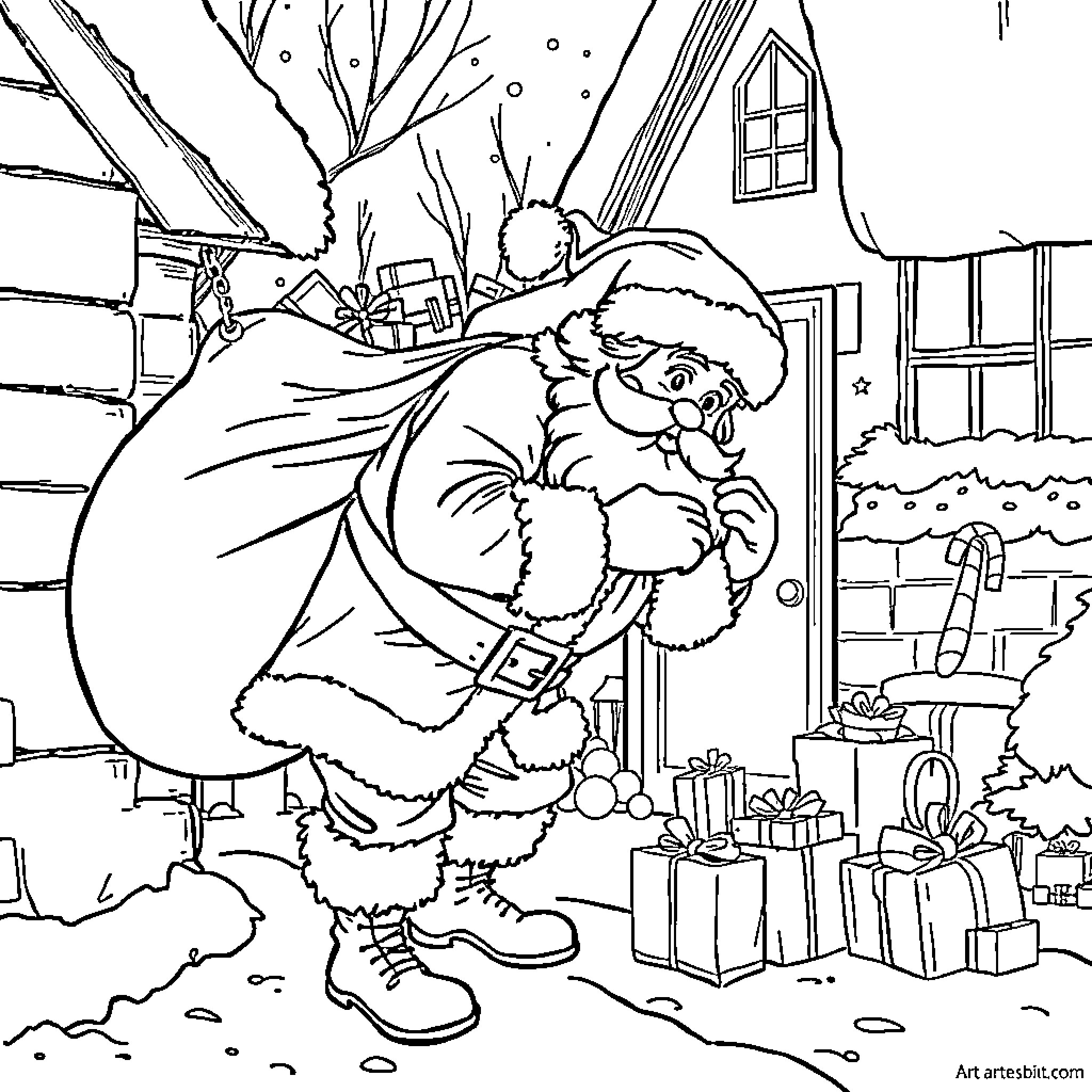 Père Noël delivering gifts in the snowy town Coloring Page (free black-and-white line drawing printable PDF for all, from beginners to advanced learners, including children, teens, adults, and seniors)