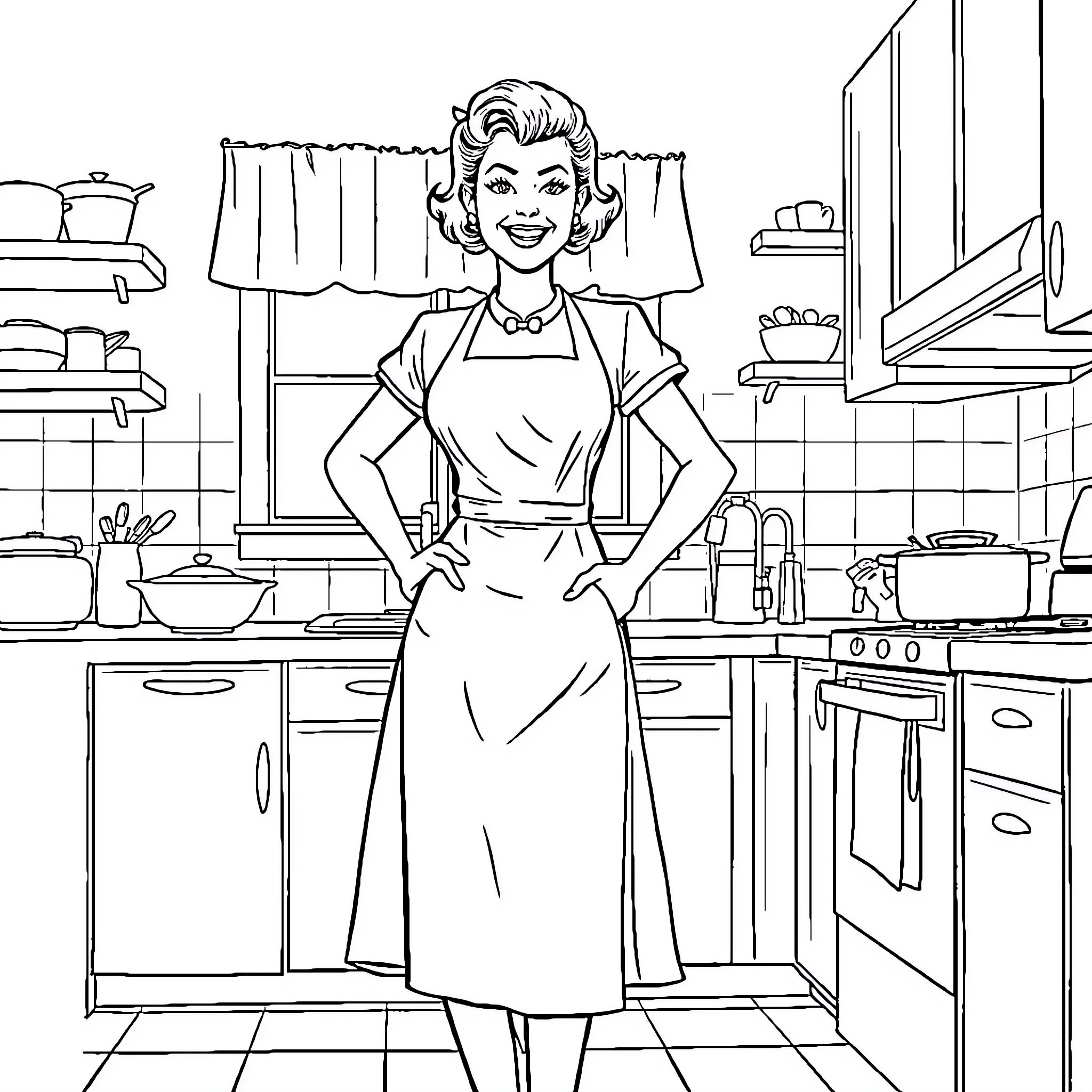 Housewife smiling happily in the kitchen Coloring Page (free black-and-white line drawing printable PDF for all, from beginners to advanced learners, including children, teens, adults, and seniors)