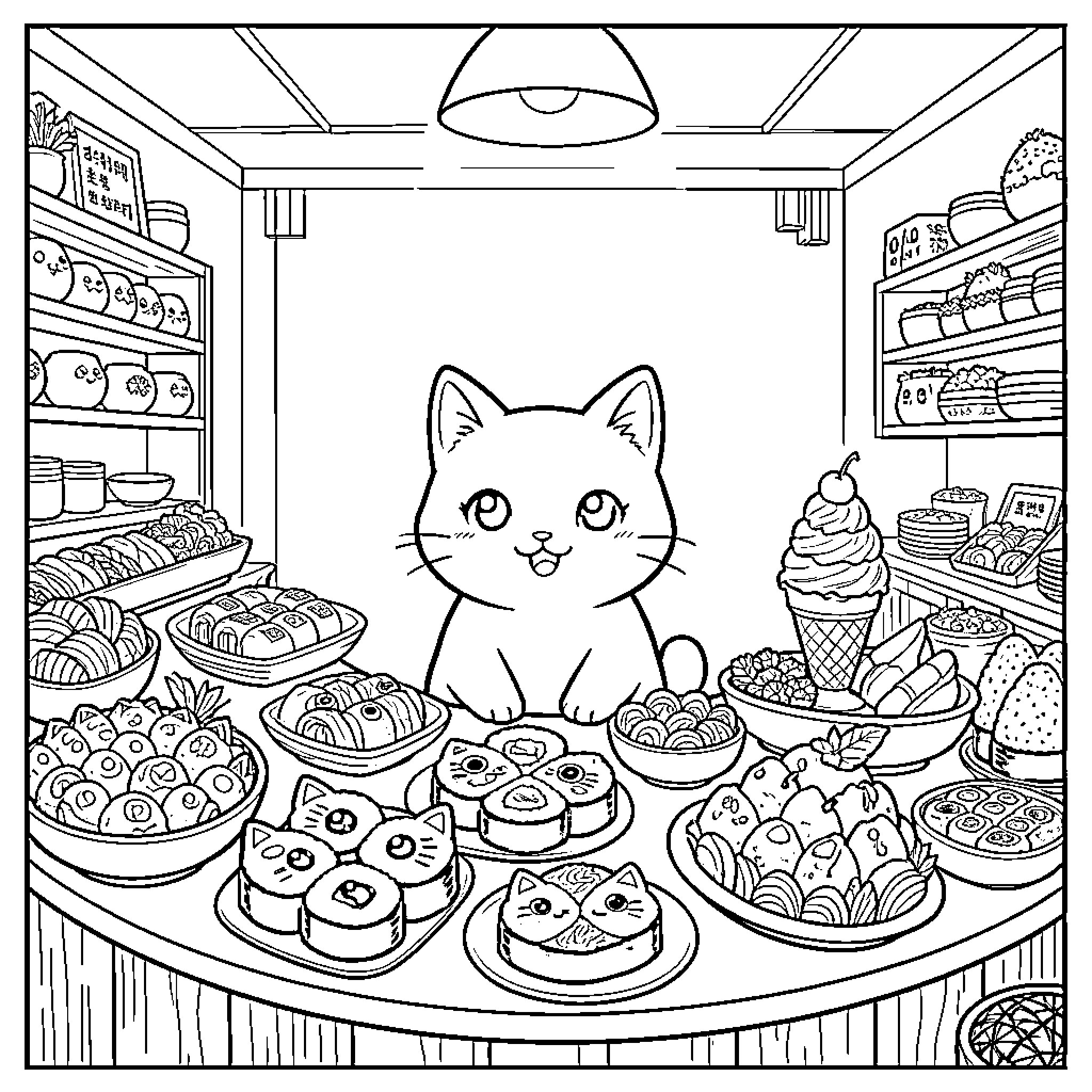 Cat sitting among various desserts and snacks Coloring Page (free black-and-white line drawing printable PDF for all, from beginners to advanced learners, including children, teens, adults, and seniors)