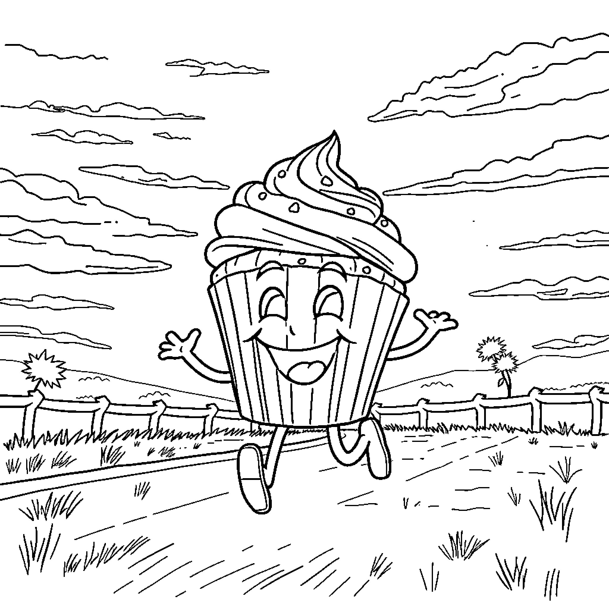 Cupcake happily running through a grassy field Coloring Page (free black-and-white line drawing printable PDF for all, from beginners to advanced learners, including children, teens, adults, and seniors)