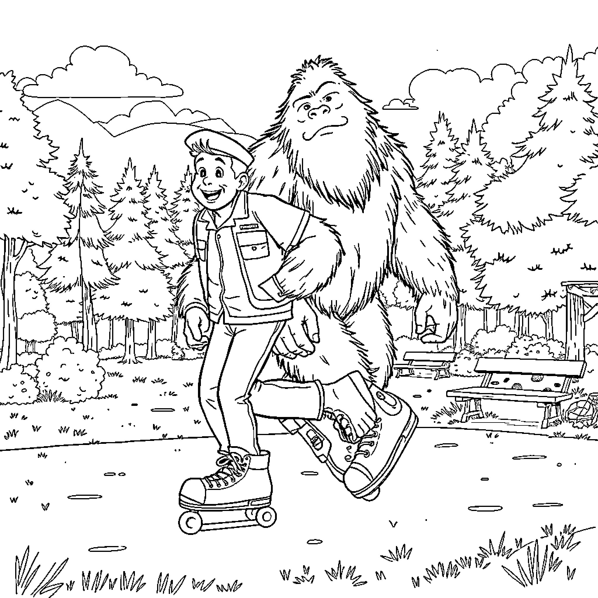 Mike and Bigfoot on a Rollerskating Adventure Coloring Page (free black-and-white line drawing printable PDF for all, from beginners to advanced learners, including children, teens, adults, and seniors)