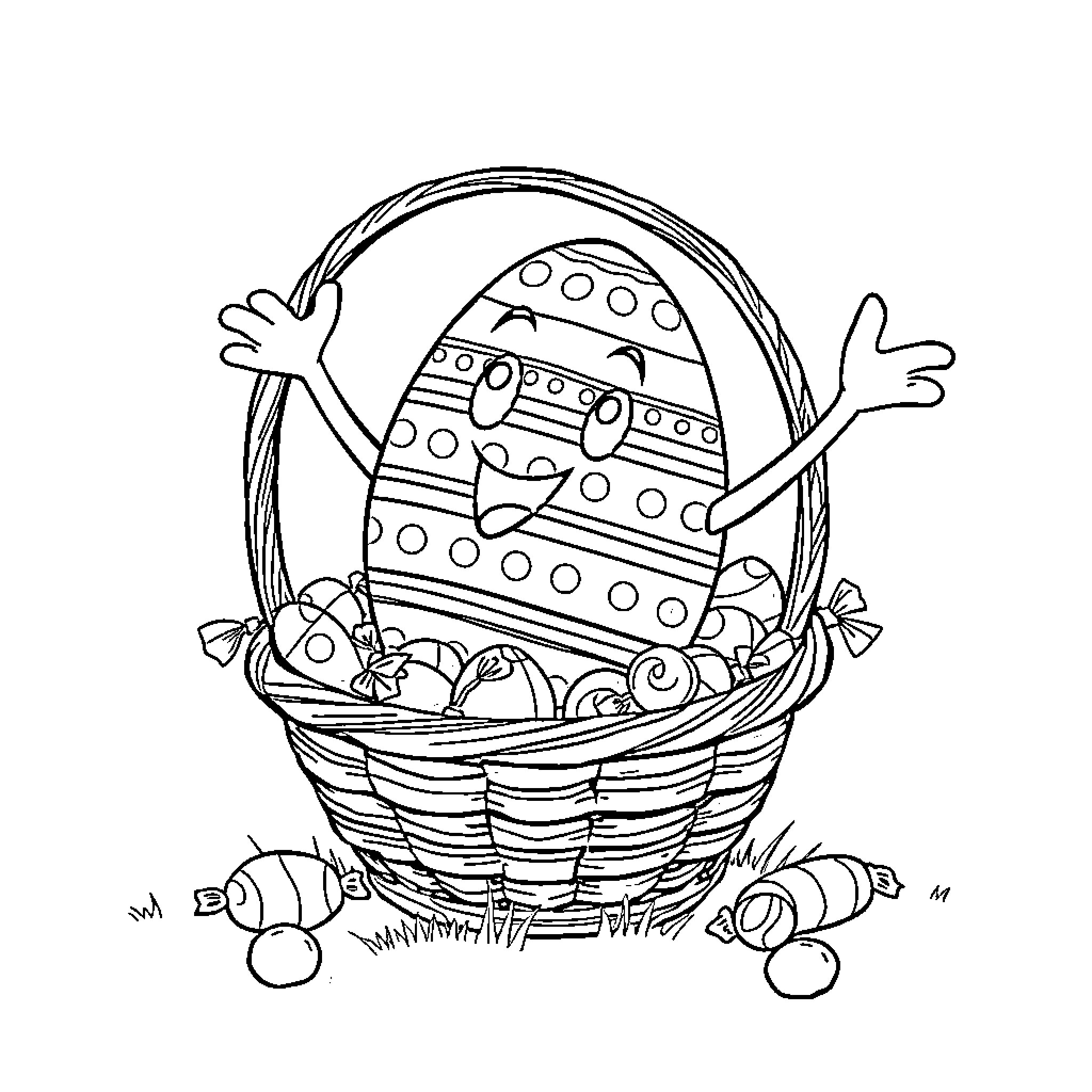Easter Egg Basket Filled with Surprises Coloring Page (free black-and-white line drawing printable PDF for all, from beginners to advanced learners, including children, teens, adults, and seniors)
