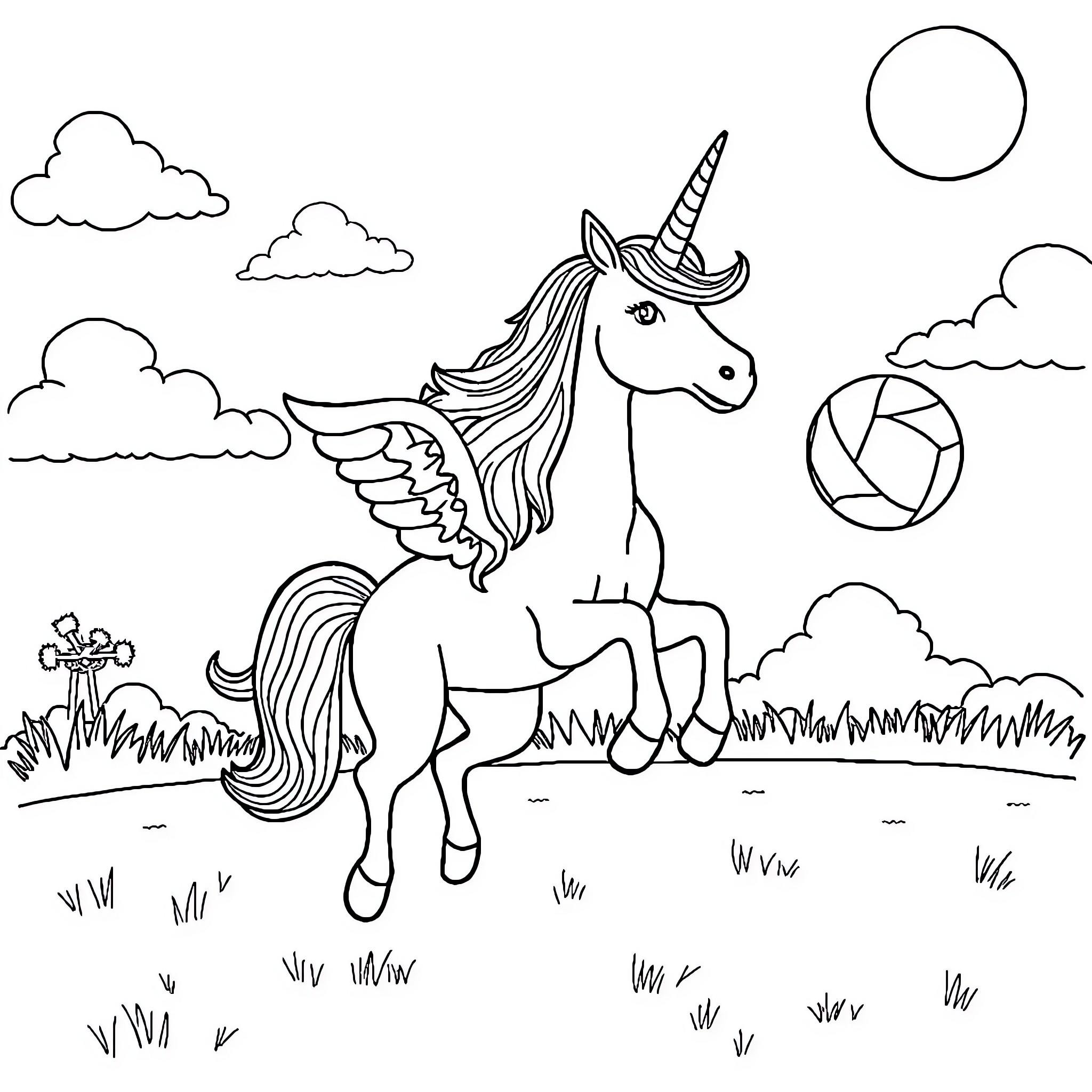 Unicorn soaring in enchanting meadow Coloring Page (free black-and-white line drawing printable PDF for all, from beginners to advanced learners, including children, teens, adults, and seniors)