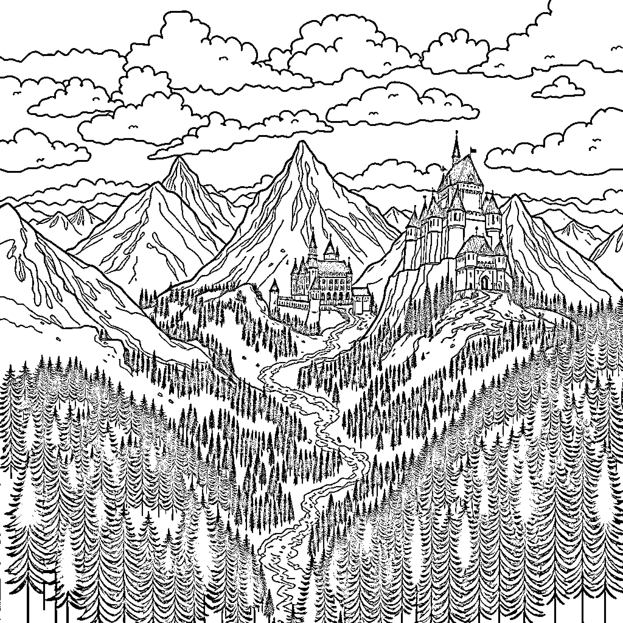 Map of Majestic Mountain Landscape with Magical Castle Coloring Page (free black-and-white line drawing printable PDF for all, from beginners to advanced learners, including children, teens, adults, and seniors)