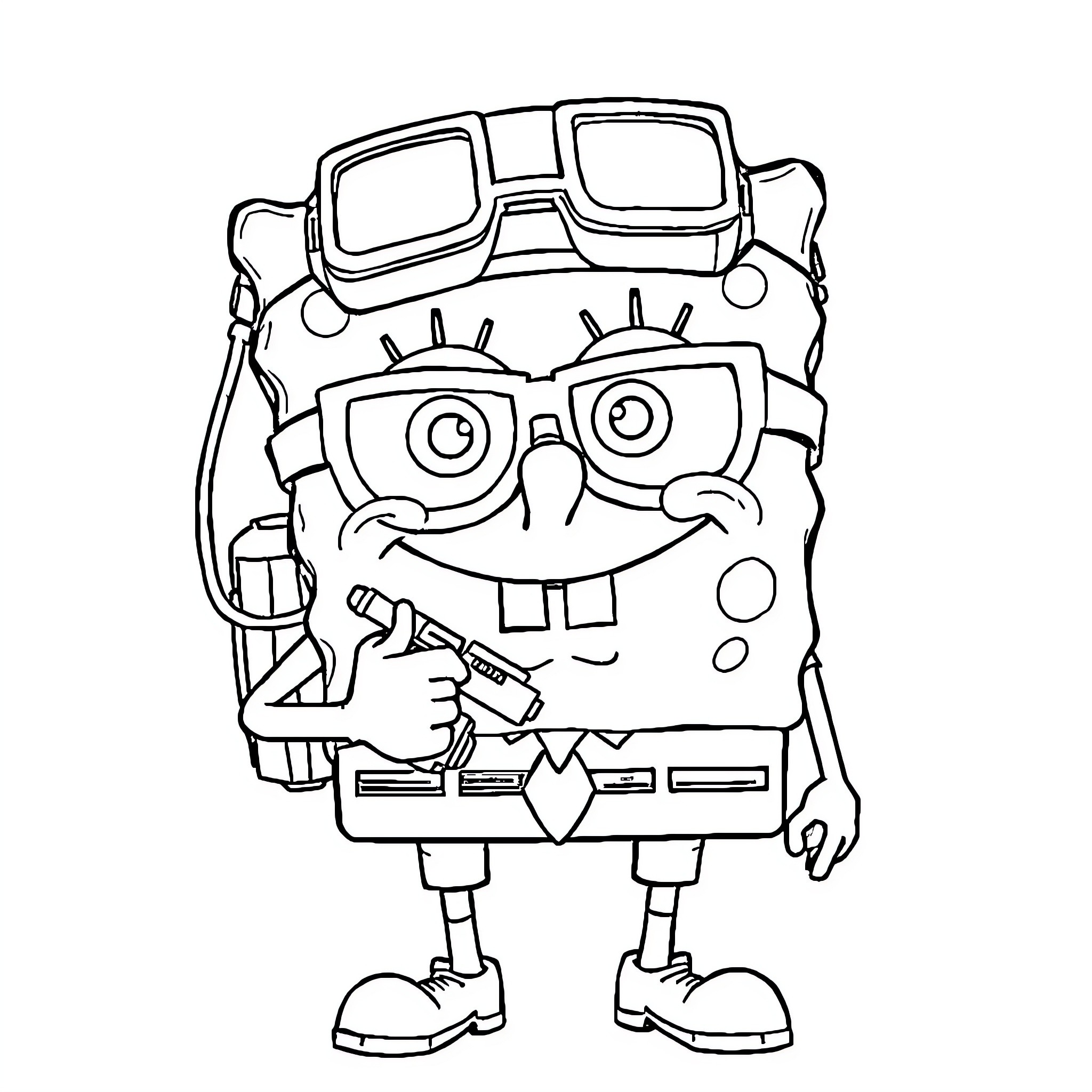 Spongebob wearing funny glasses and holding a tool Coloring Page (free black-and-white line drawing printable PDF for all, from beginners to advanced learners, including children, teens, adults, and seniors)