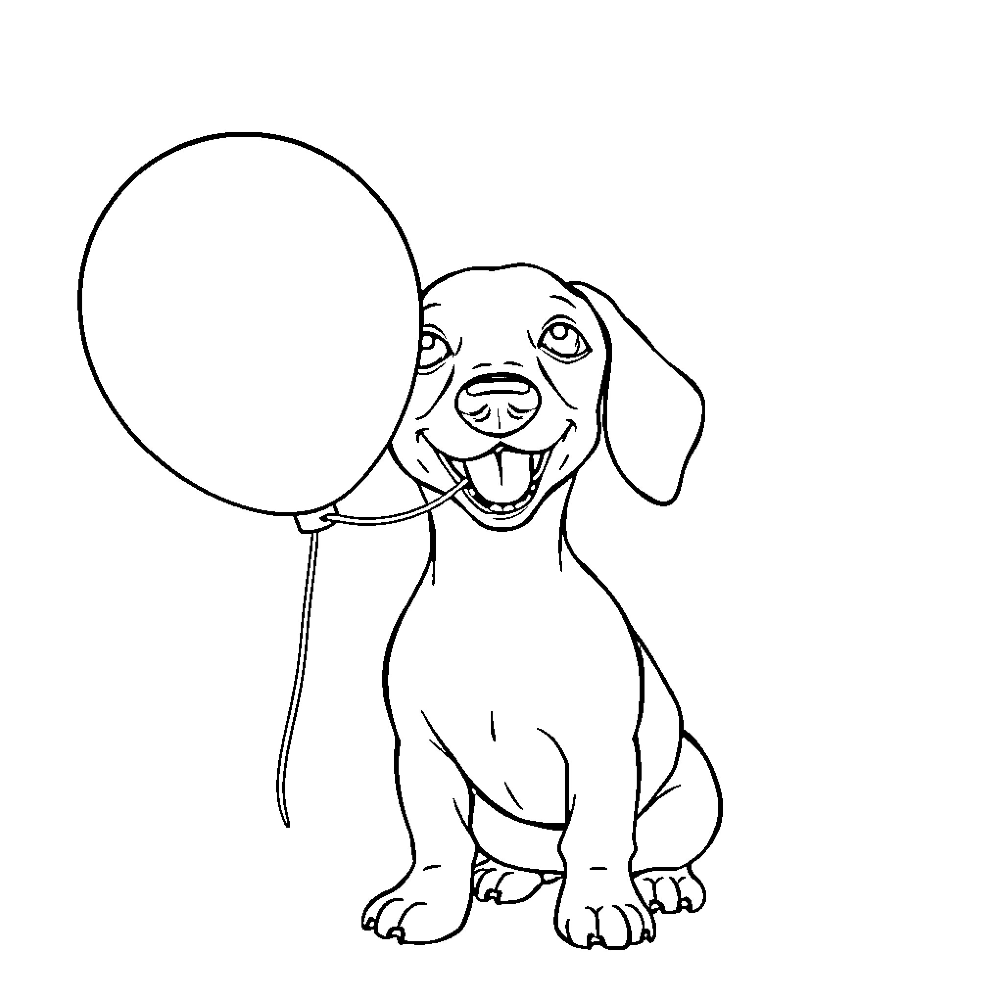 Dachshund happily holding a balloon Coloring Page (free black-and-white line drawing printable PDF for all, from beginners to advanced learners, including children, teens, adults, and seniors)