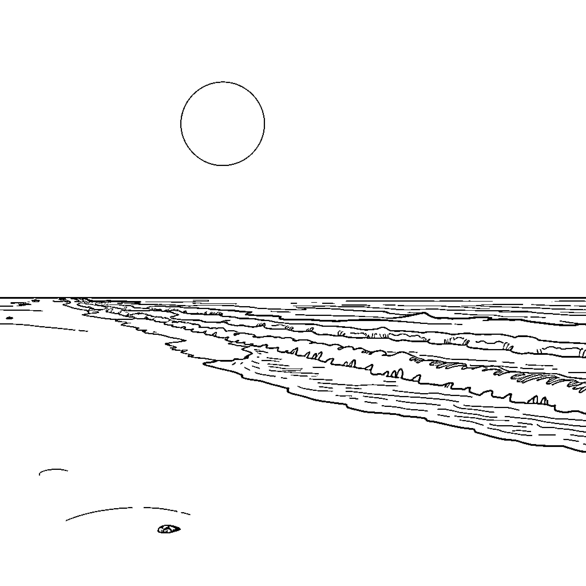 Beach scene with ocean and horizon Coloring Page (free black-and-white line drawing printable PDF for all, from beginners to advanced learners, including children, teens, adults, and seniors)
