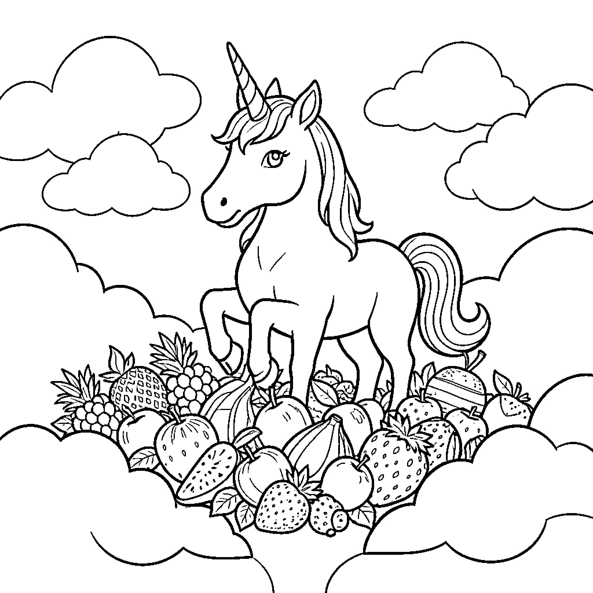 Unicorn standing among fruits and flowers Coloring Page (free black-and-white line drawing printable PDF for all, from beginners to advanced learners, including children, teens, adults, and seniors)