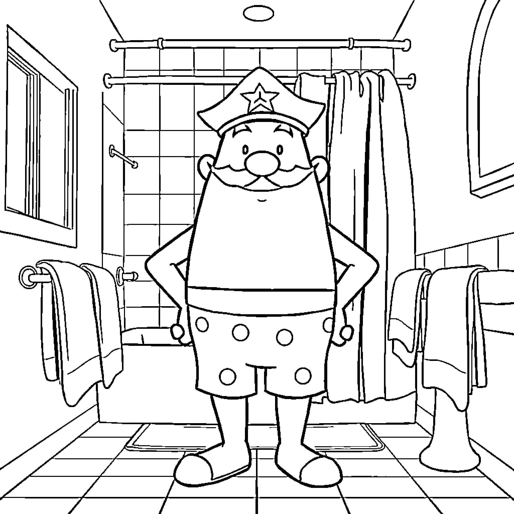 Captain Underpants in the Bathroom Coloring Page (free black-and-white line drawing printable PDF for all, from beginners to advanced learners, including children, teens, adults, and seniors)