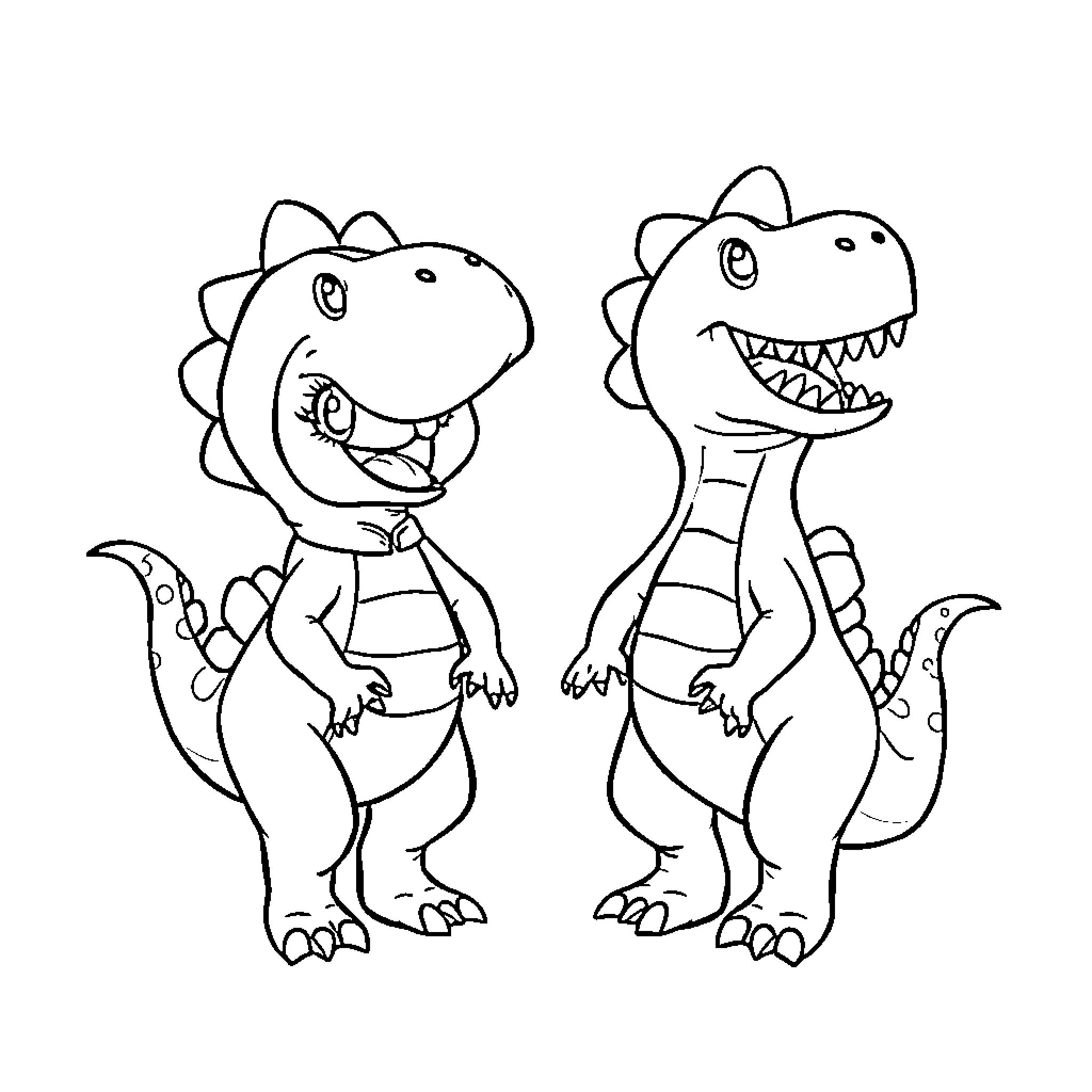 Dinosaur friends playing happily together Coloring Page (free black-and-white line drawing printable PDF for all, from beginners to advanced learners, including children, teens, adults, and seniors)