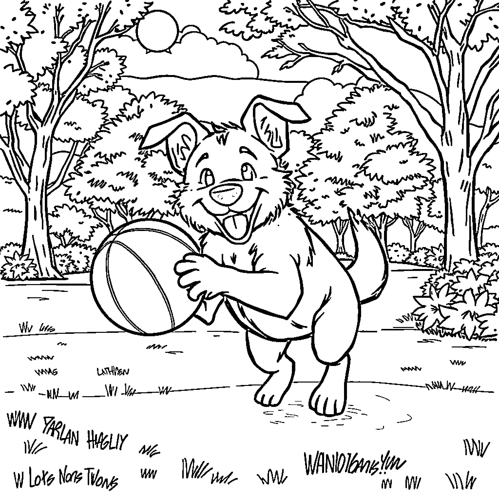 Dog playing with ball in the forest Coloring Page (free black-and-white line drawing printable PDF for all, from beginners to advanced learners, including children, teens, adults, and seniors)