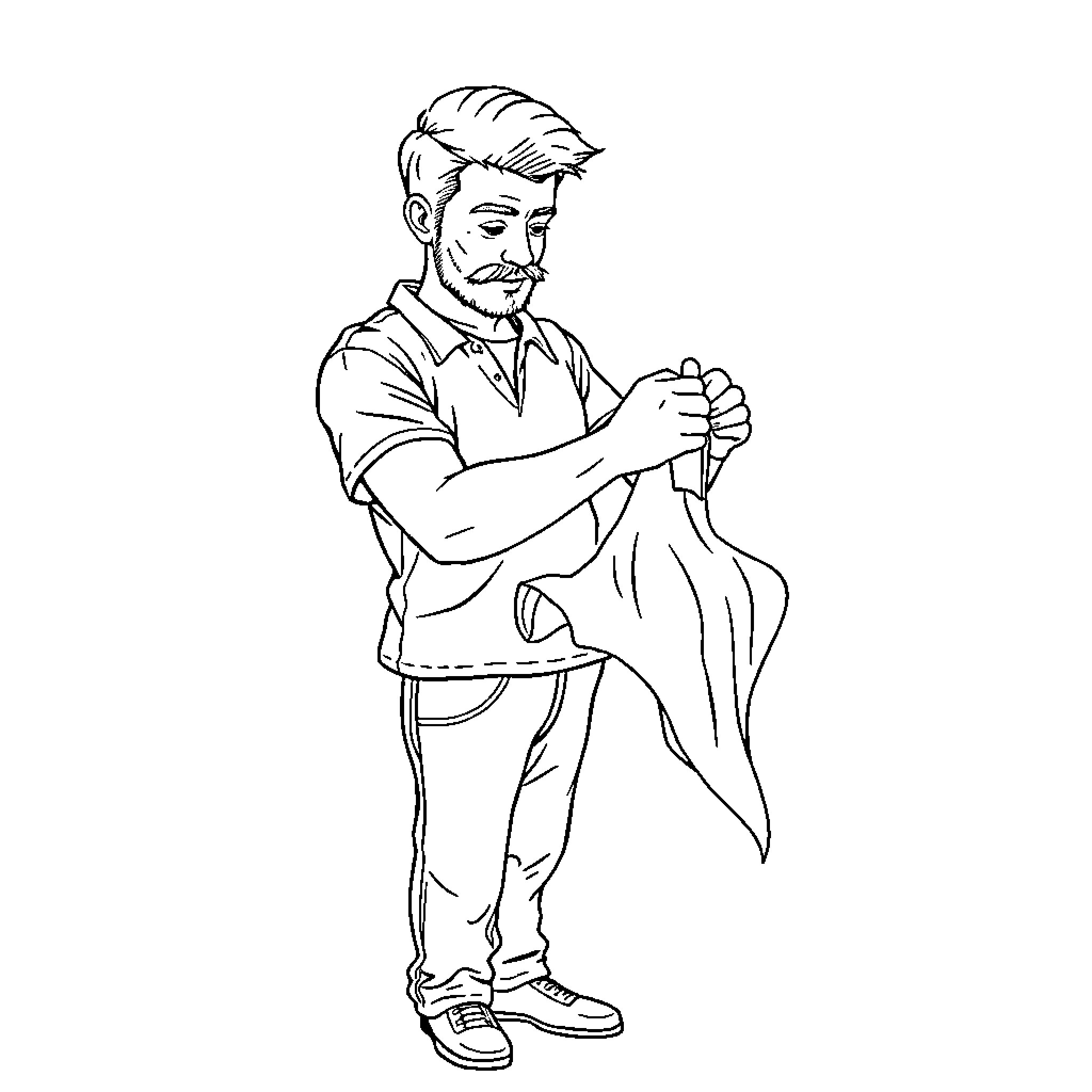 Man showing torn clothing after an incident Coloring Page (free black-and-white line drawing printable PDF for all, from beginners to advanced learners, including children, teens, adults, and seniors)