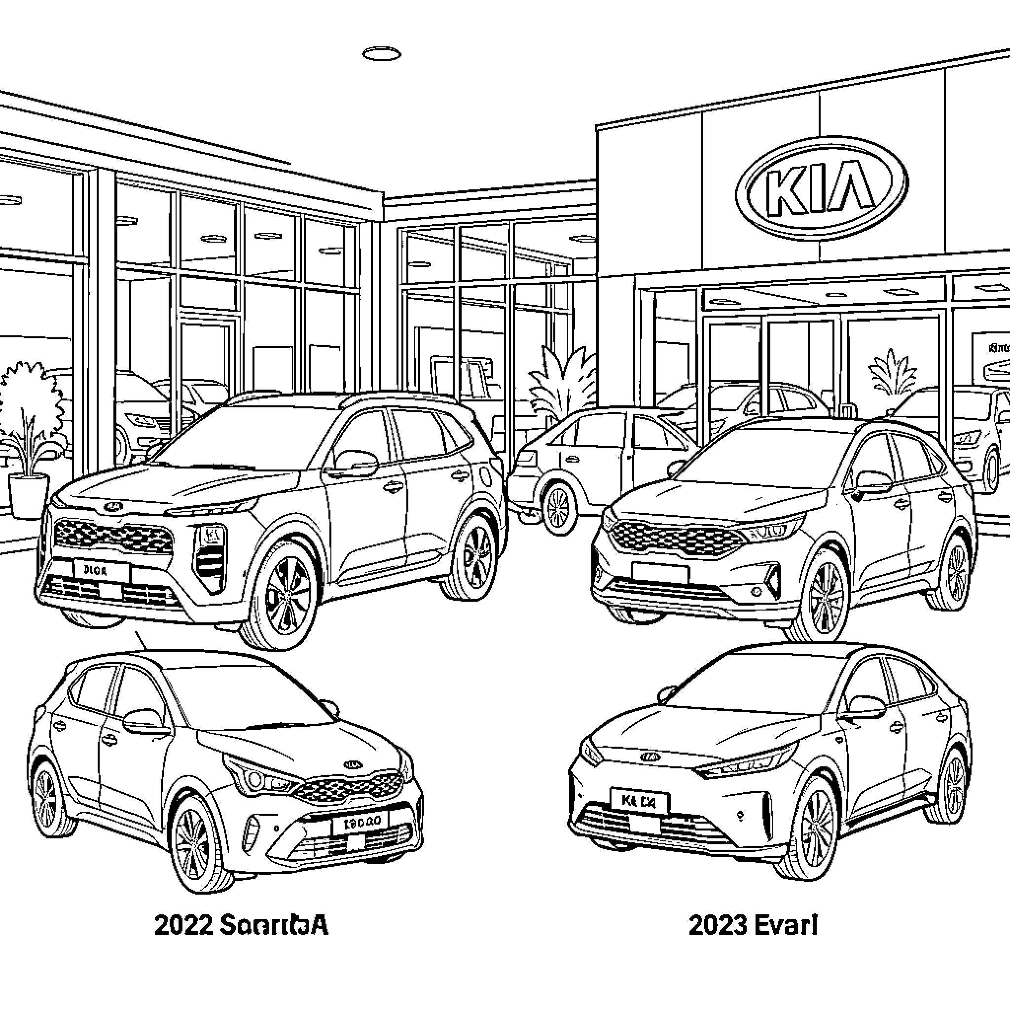 Kia cars parked in front of a modern dealership Coloring Page (free black-and-white line drawing printable PDF for all, from beginners to advanced learners, including children, teens, adults, and seniors)