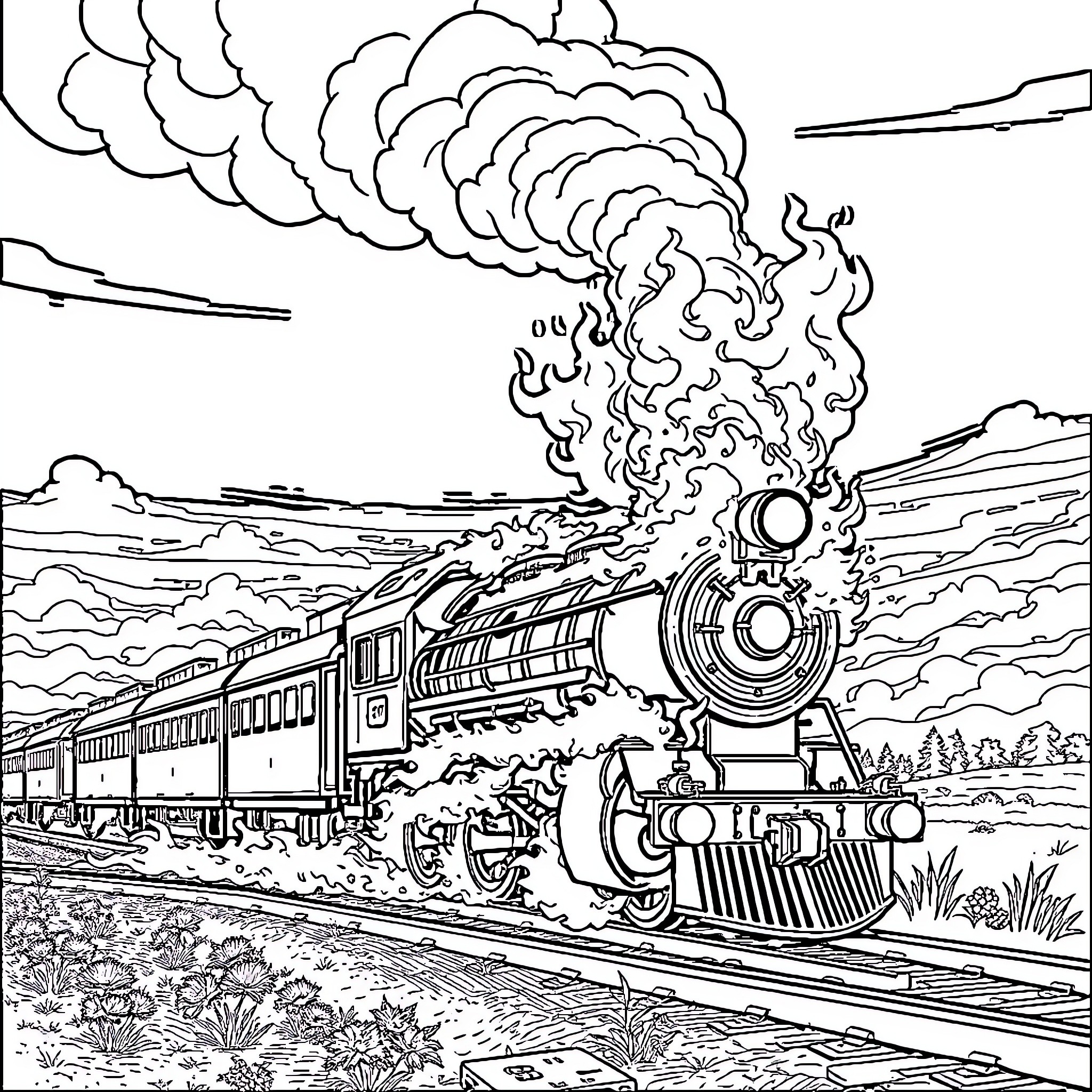 Train steaming through the countryside Coloring Page (free black-and-white line drawing printable PDF for all, from beginners to advanced learners, including children, teens, adults, and seniors)
